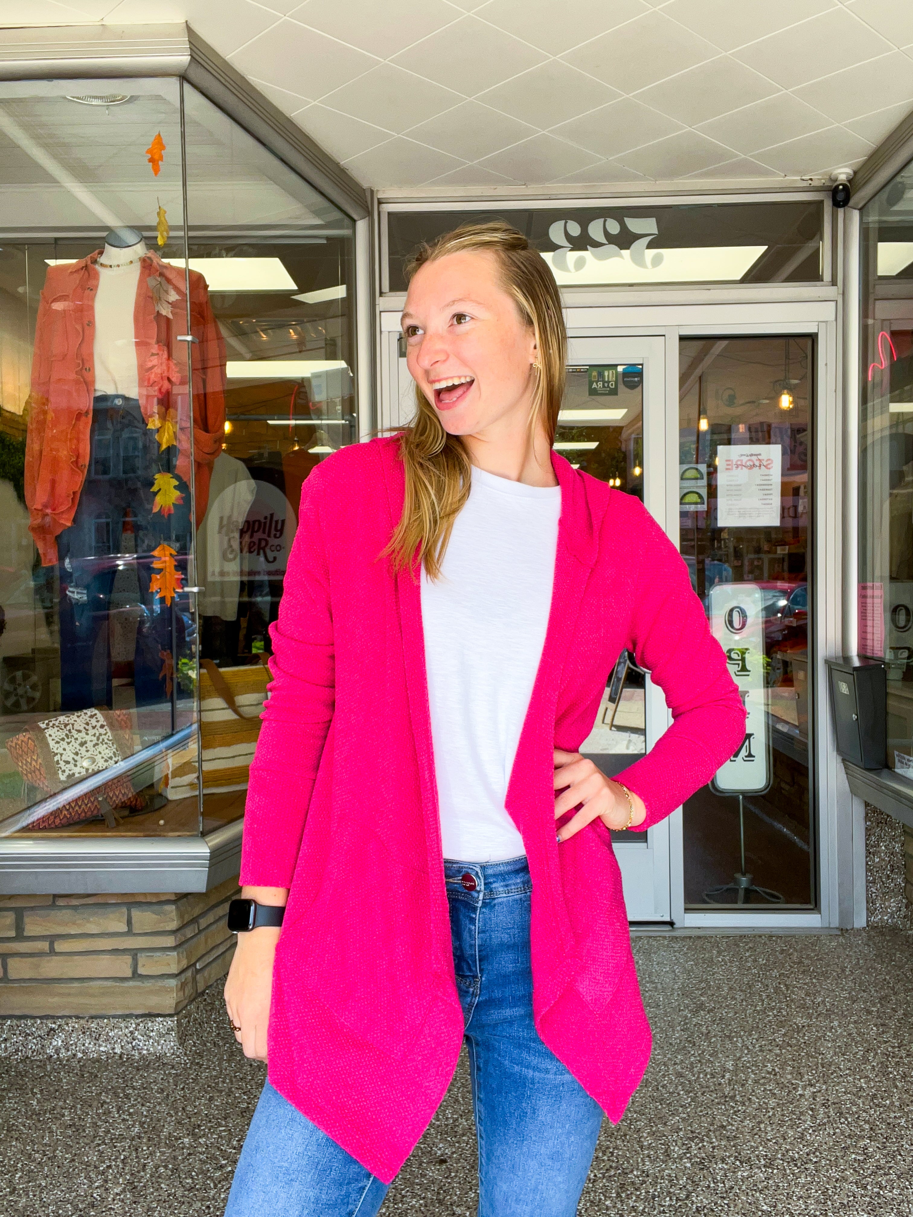Porch Days Thermal Hooded Cardigan in Fuchsia