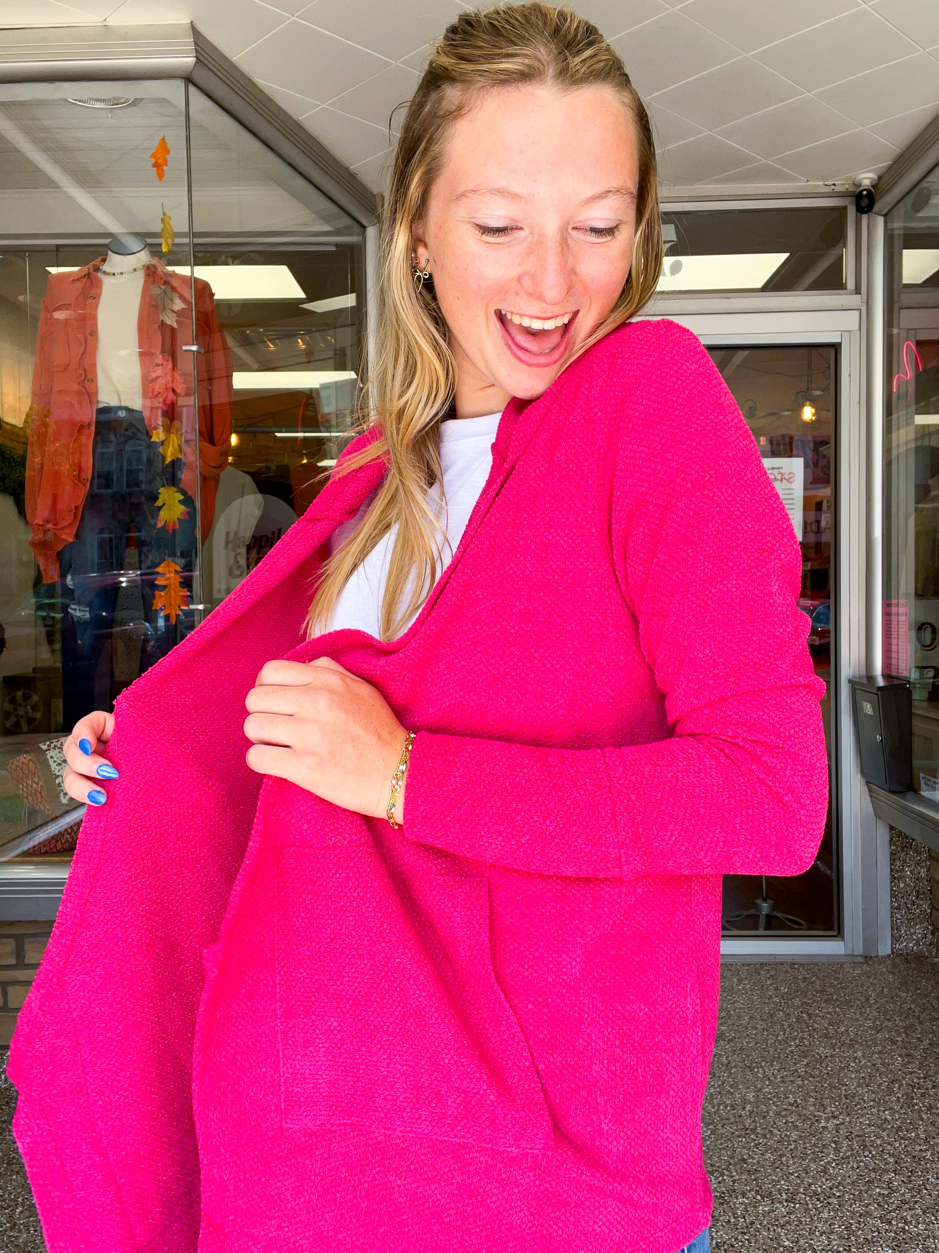 Porch Days Thermal Hooded Cardigan in Fuchsia