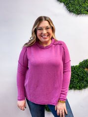 The Textured Take Raised Rib Long Sleeve Top in Plum