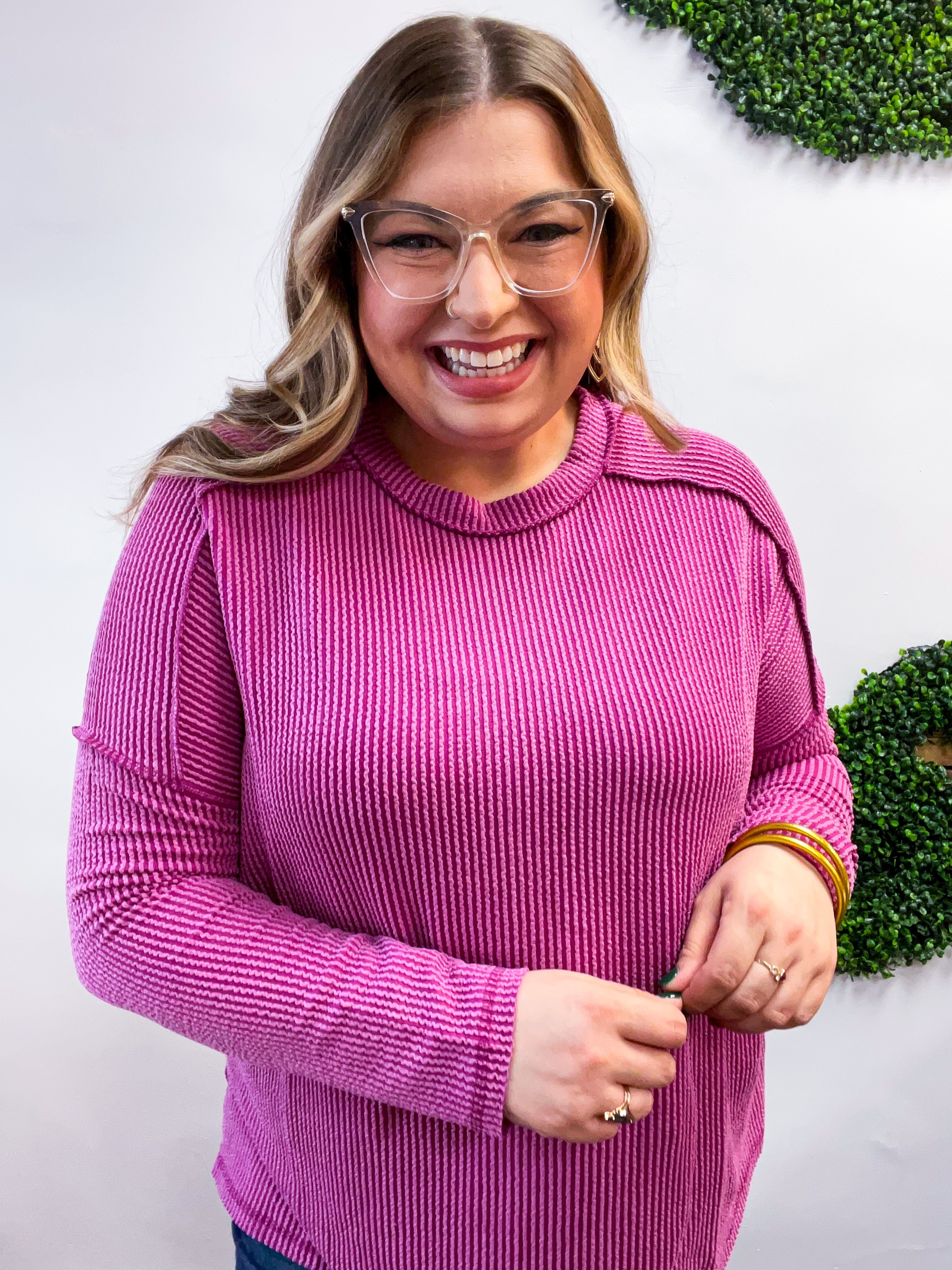 The Textured Take Raised Rib Long Sleeve Top in Plum