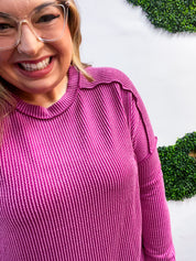 The Textured Take Raised Rib Long Sleeve Top in Plum