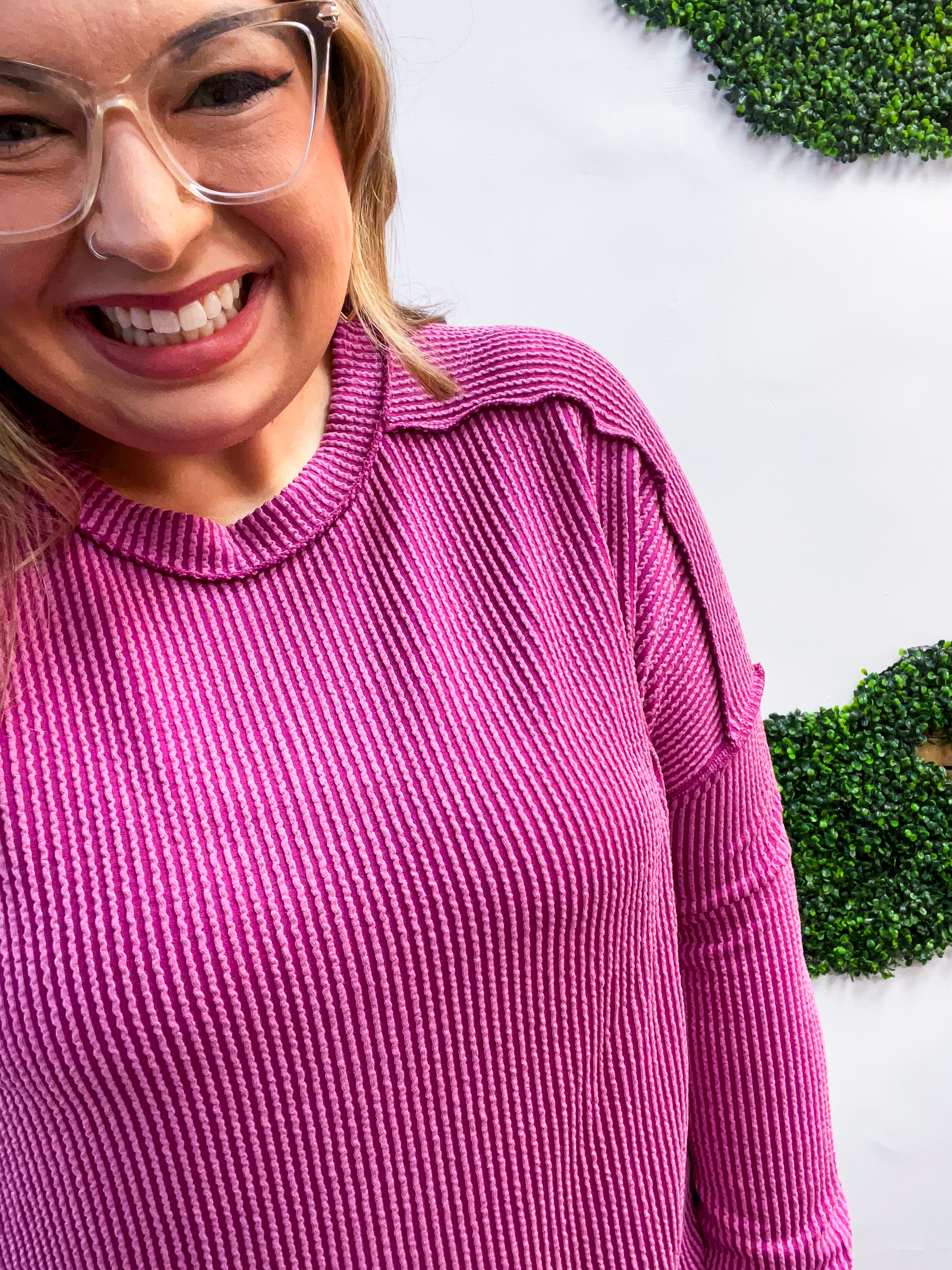 The Textured Take Raised Rib Long Sleeve Top in Plum