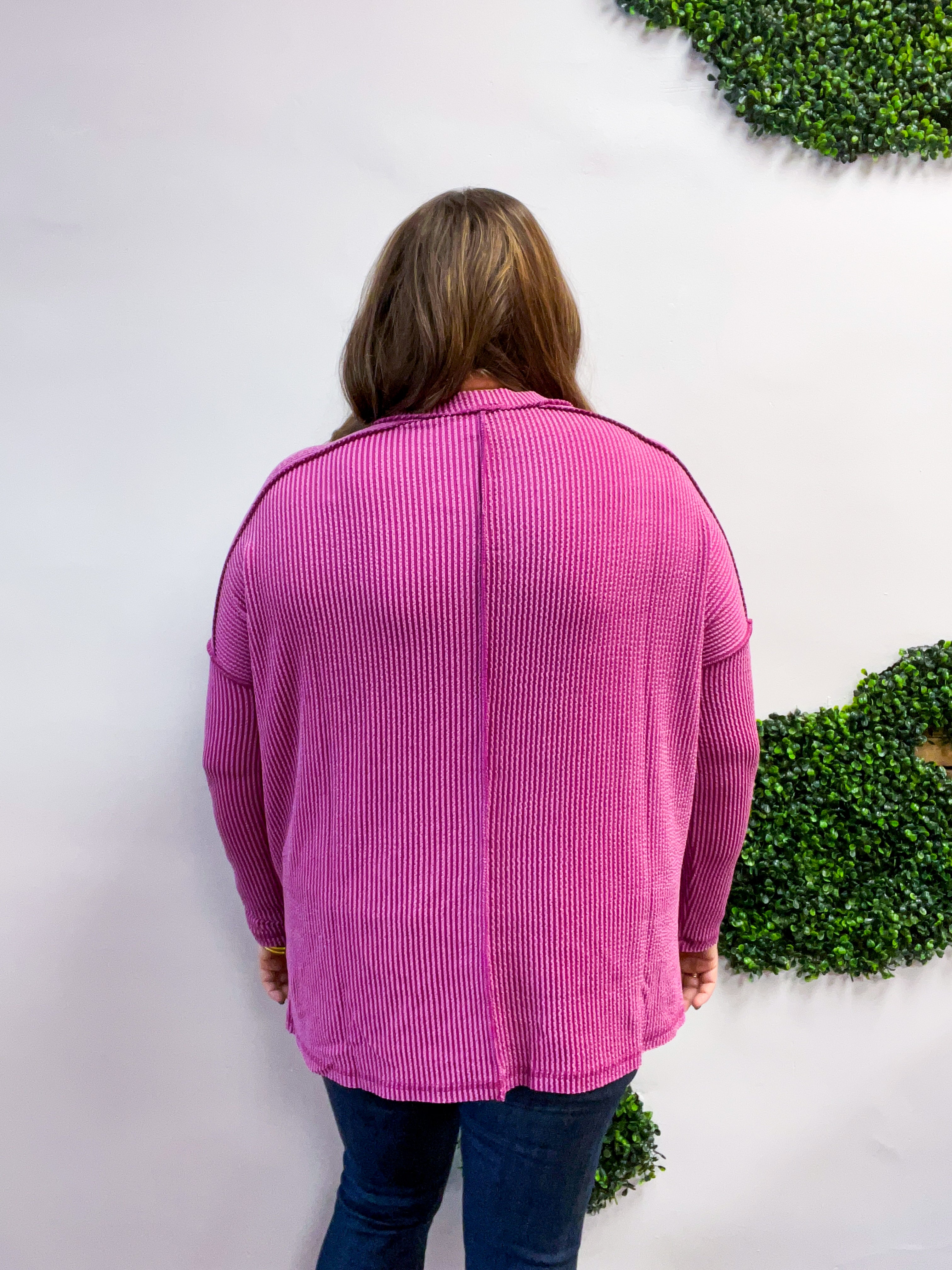 The Textured Take Raised Rib Long Sleeve Top in Plum
