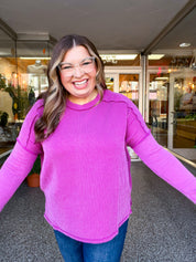 The Textured Take Raised Rib Long Sleeve Top in Plum