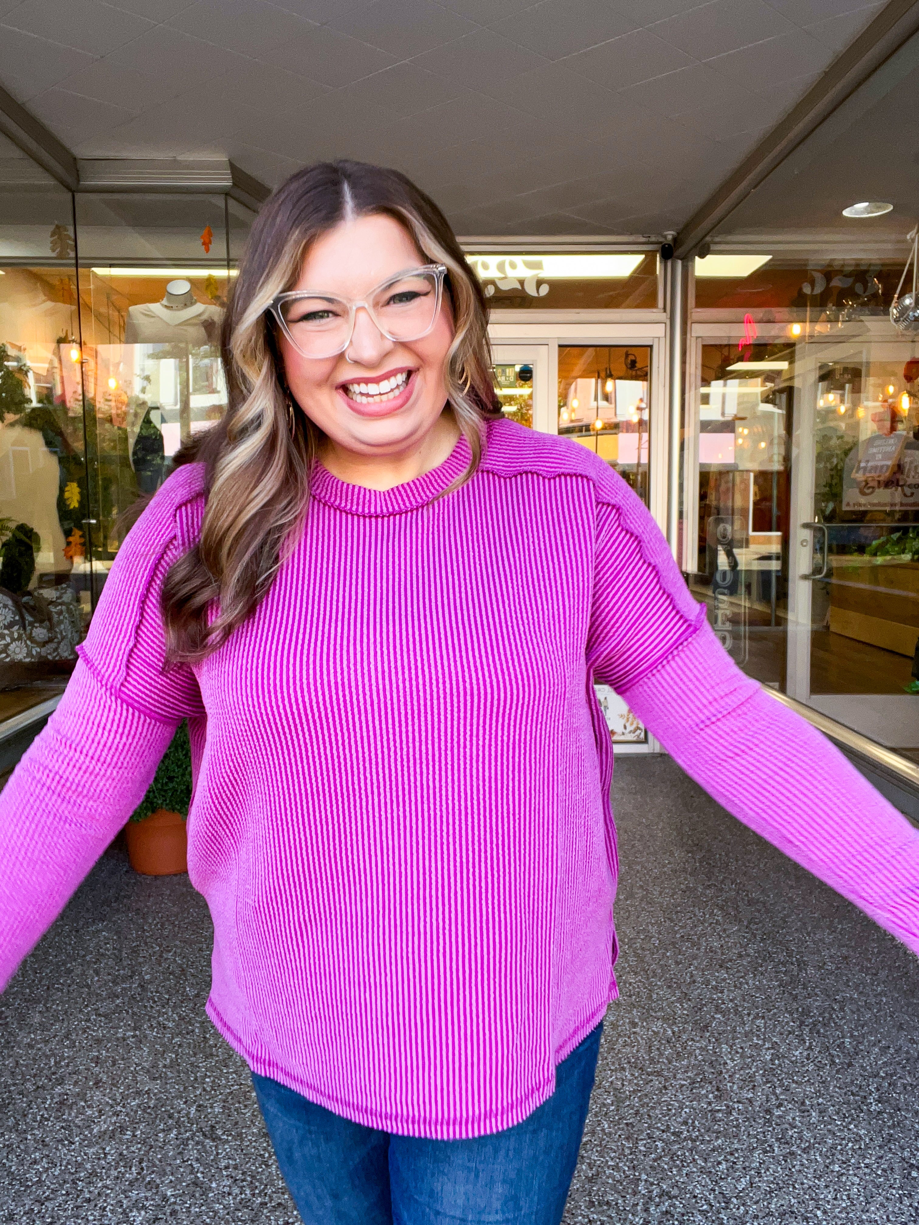 The Textured Take Raised Rib Long Sleeve Top in Plum