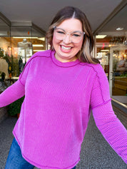 The Textured Take Raised Rib Long Sleeve Top in Plum