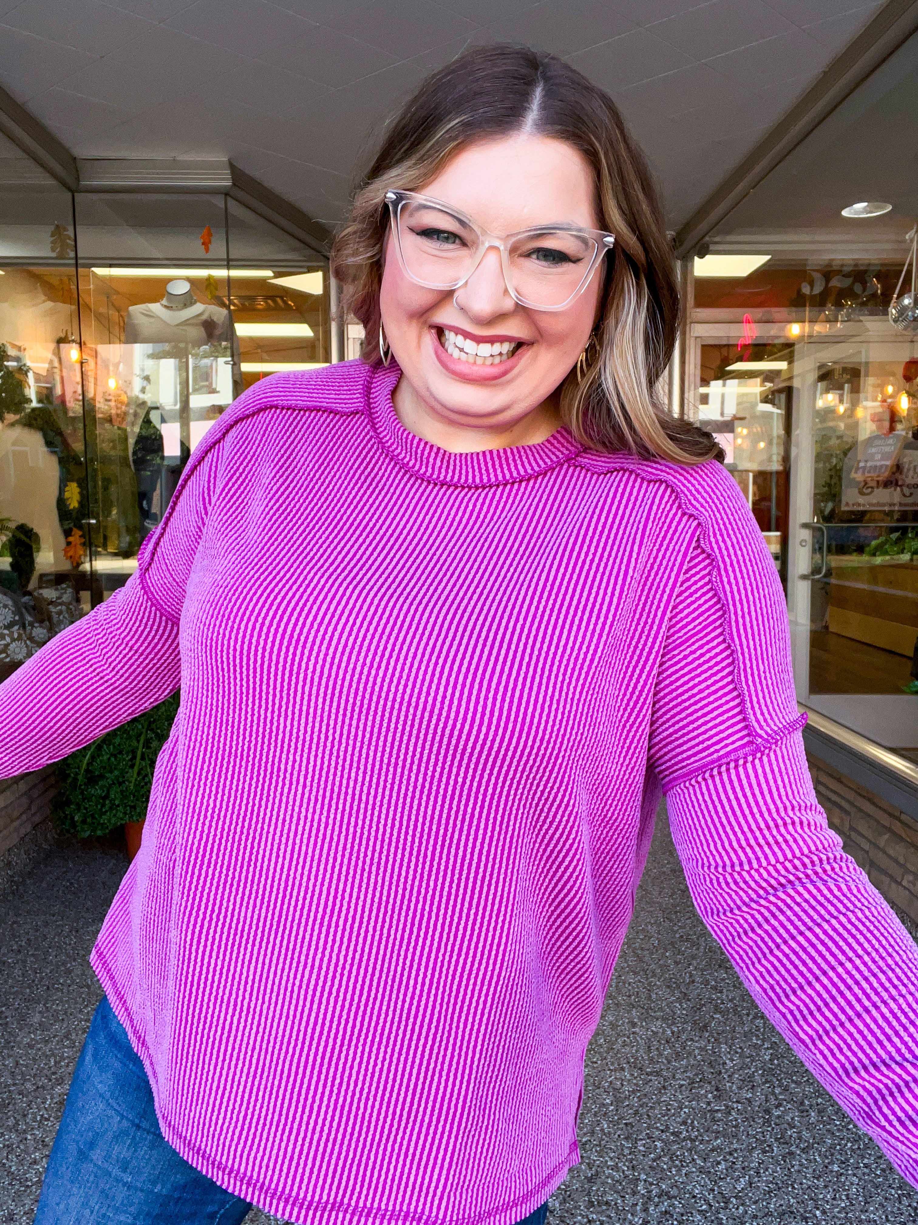 The Textured Take Raised Rib Long Sleeve Top in Plum