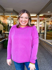 The Textured Take Raised Rib Long Sleeve Top in Plum