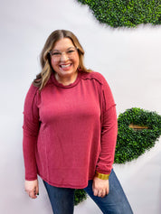 The Textured Take Raised Rib Long Sleeve Top in Burgundy