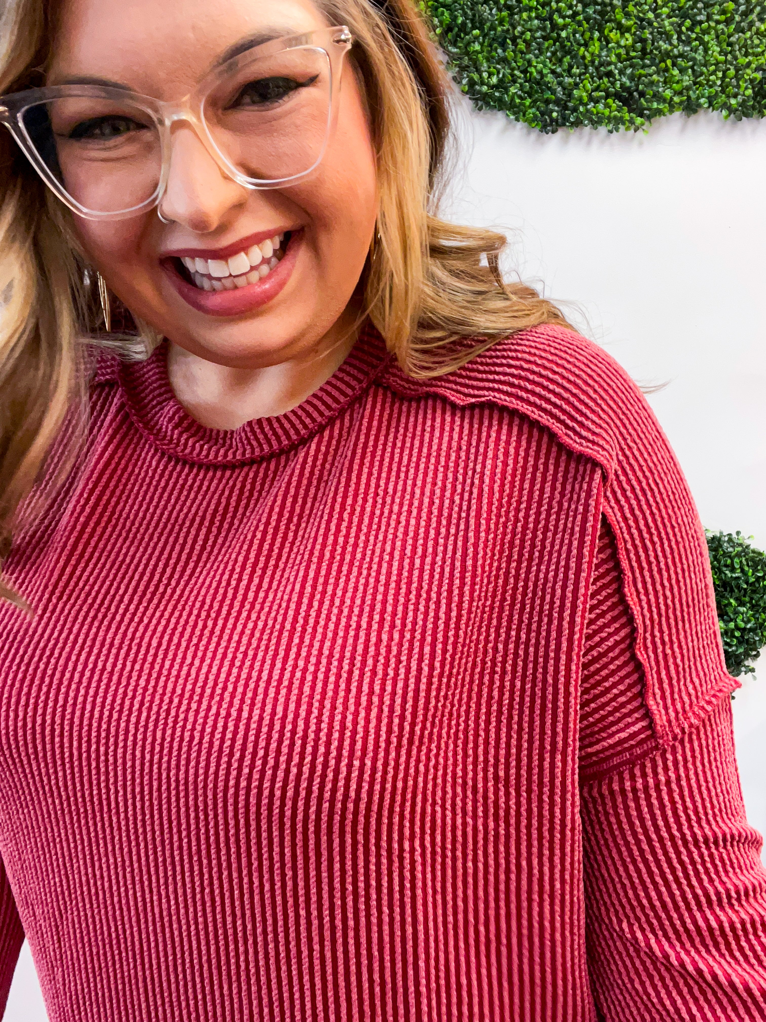 The Textured Take Raised Rib Long Sleeve Top in Burgundy