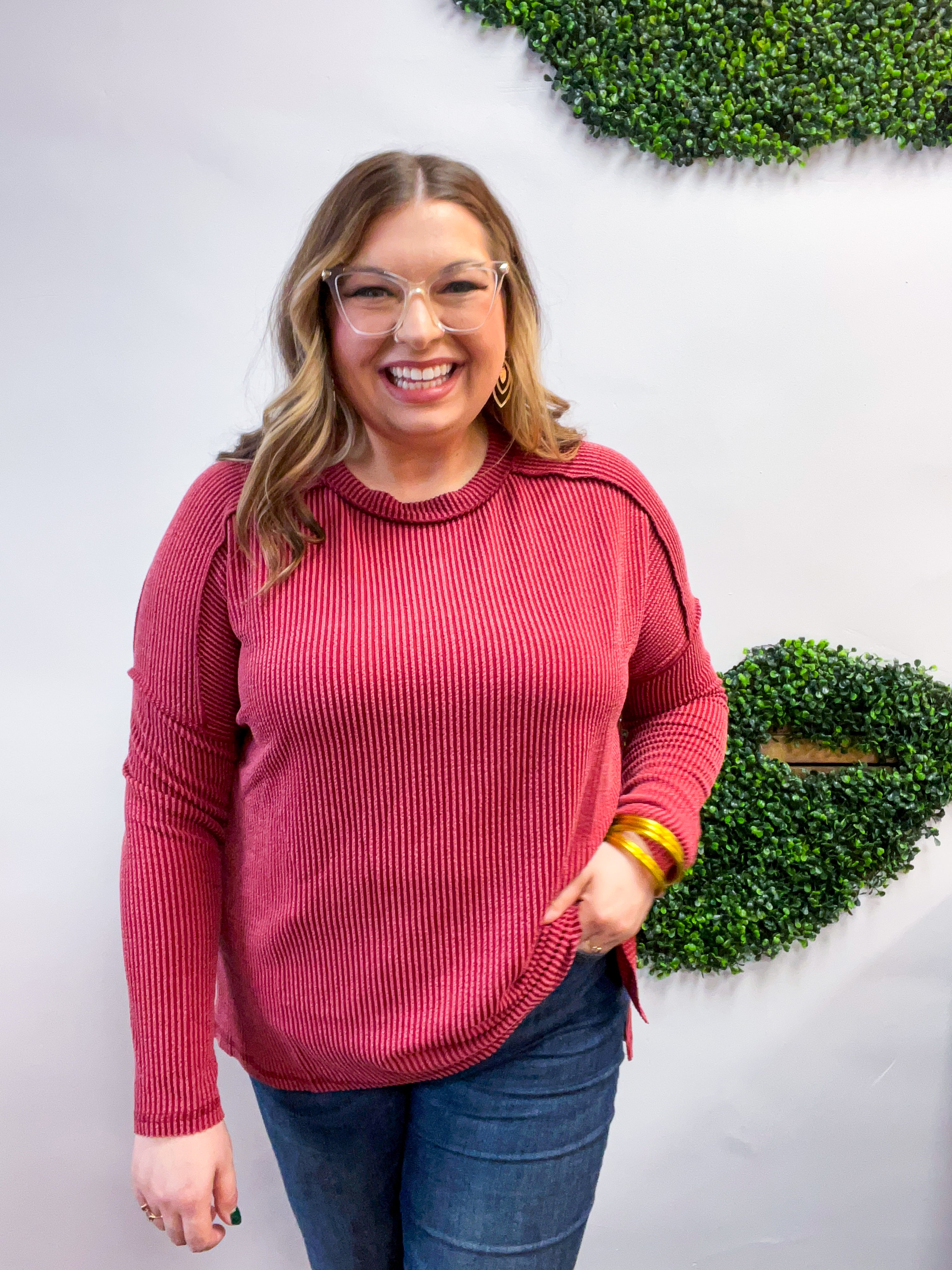 The Textured Take Raised Rib Long Sleeve Top in Burgundy