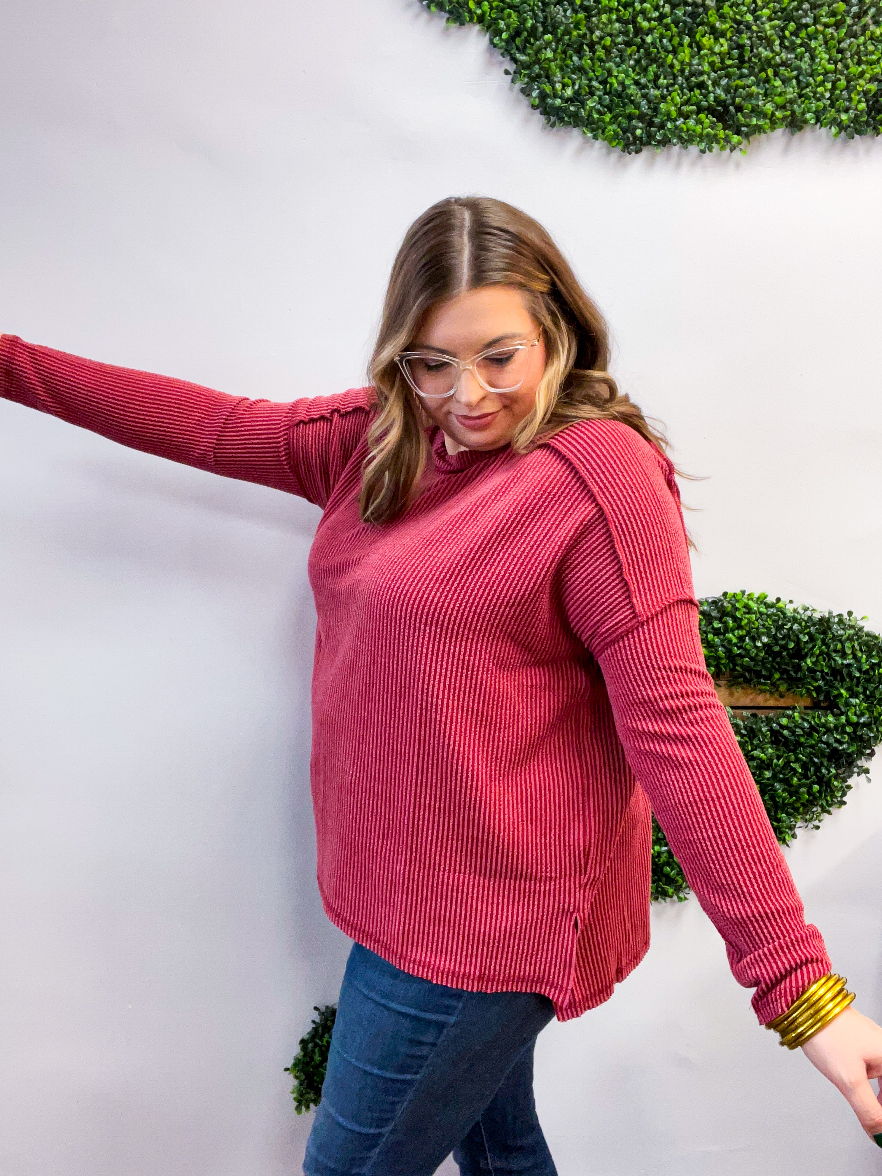 The Textured Take Raised Rib Long Sleeve Top in Burgundy