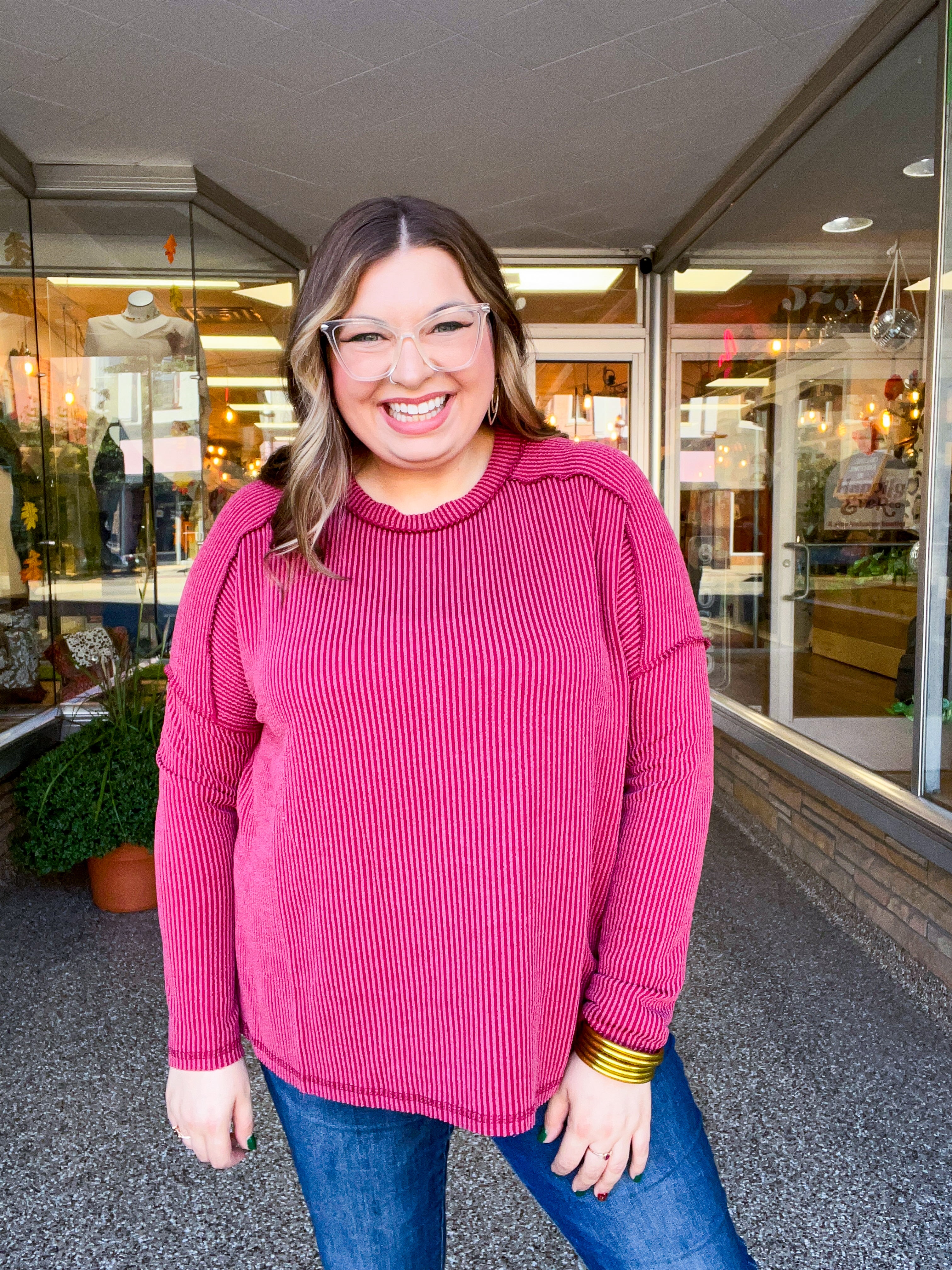 The Textured Take Raised Rib Long Sleeve Top in Burgundy