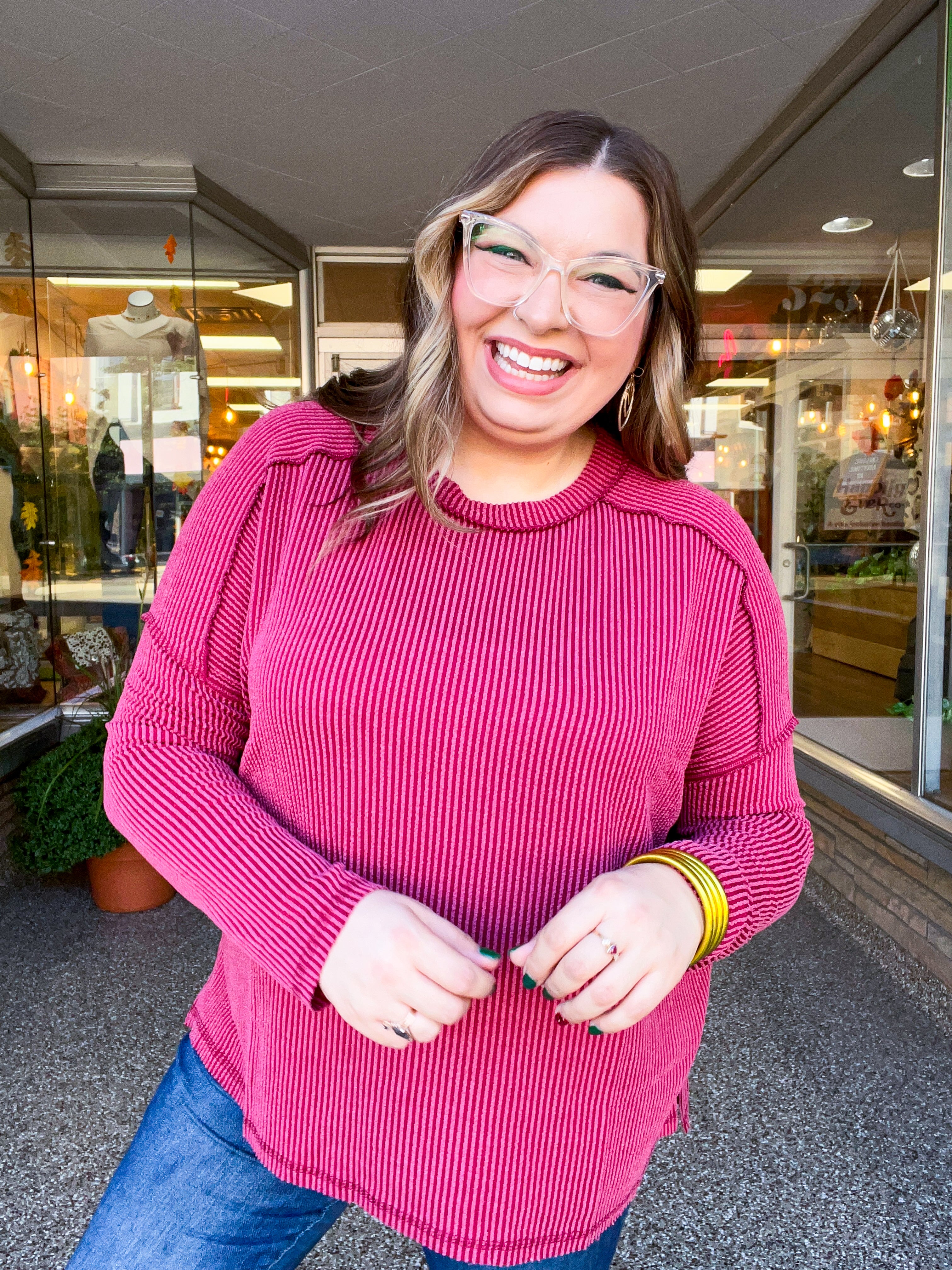The Textured Take Raised Rib Long Sleeve Top in Burgundy