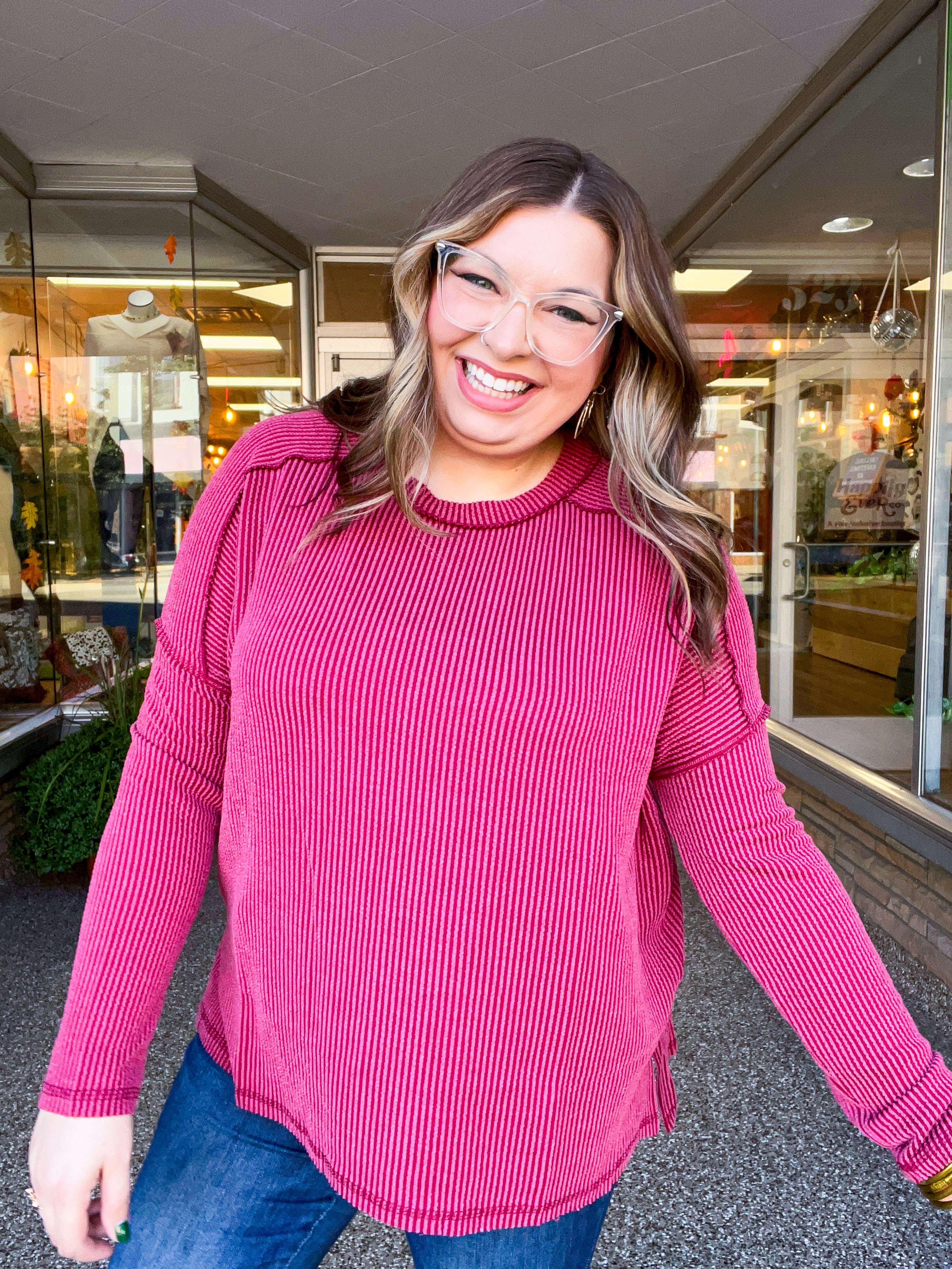 The Textured Take Raised Rib Long Sleeve Top in Burgundy