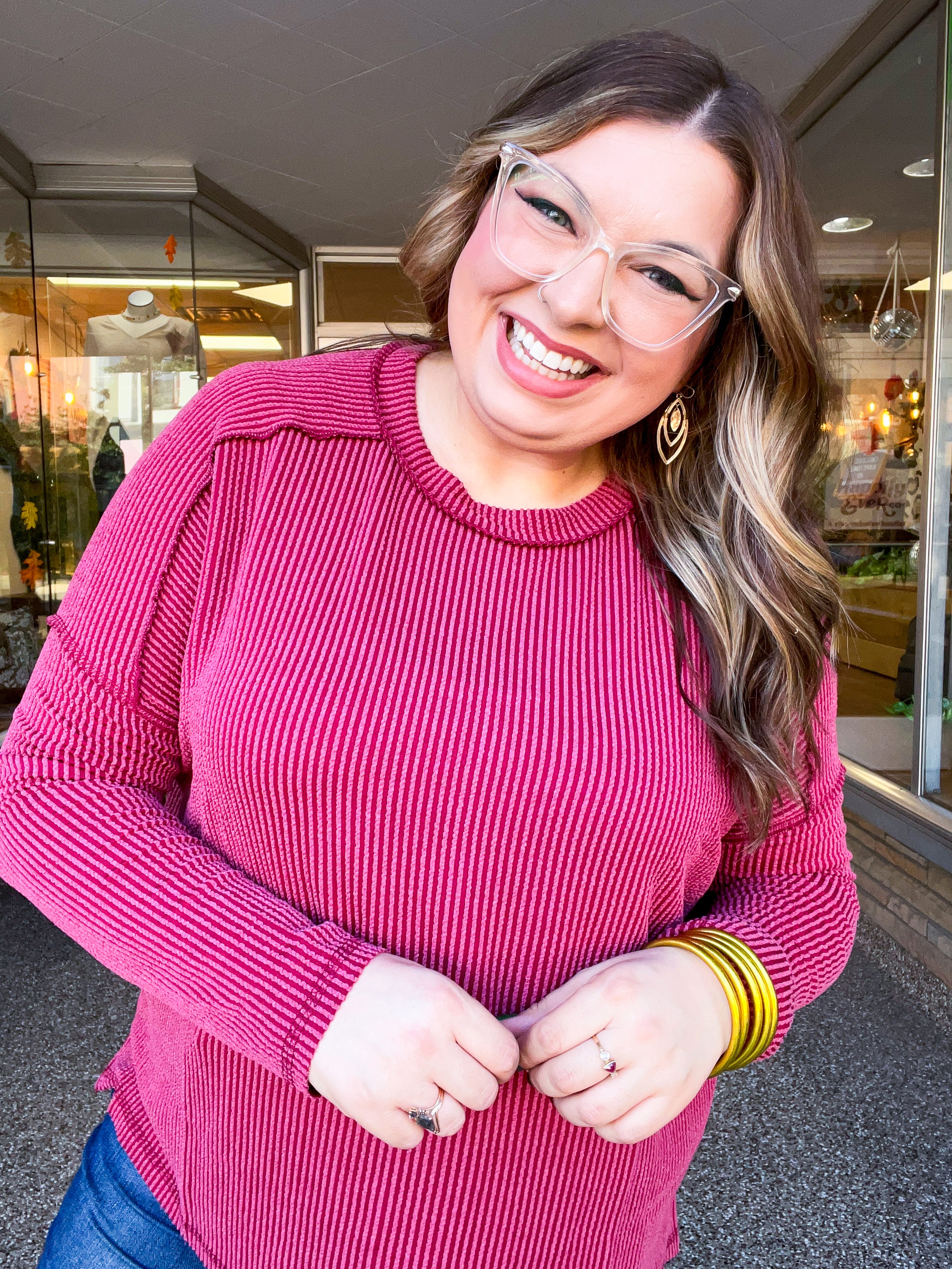 The Textured Take Raised Rib Long Sleeve Top in Burgundy