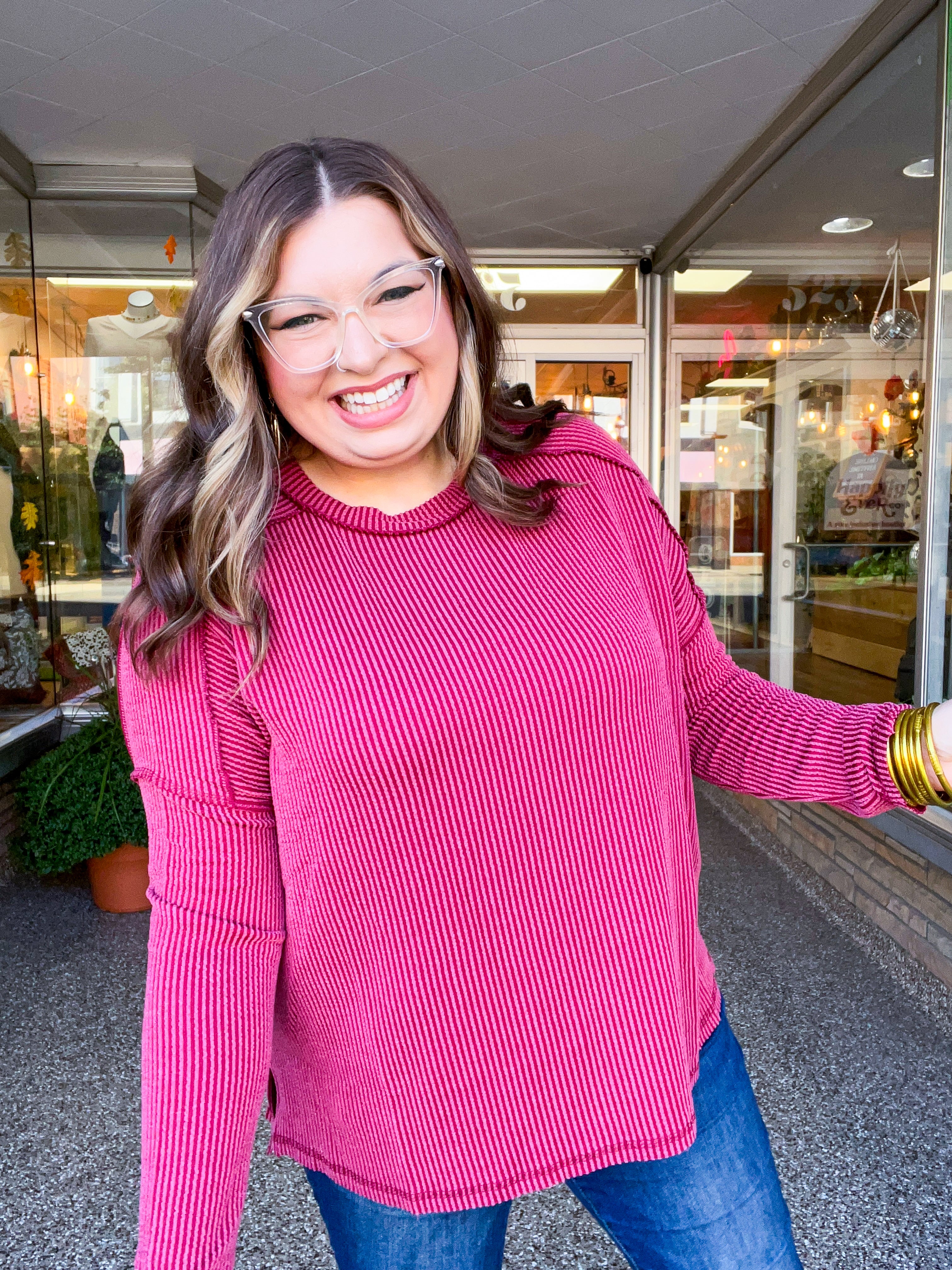 The Textured Take Raised Rib Long Sleeve Top in Burgundy
