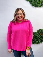 The Textured Take Raised Rib Long Sleeve Top in Hot Pink
