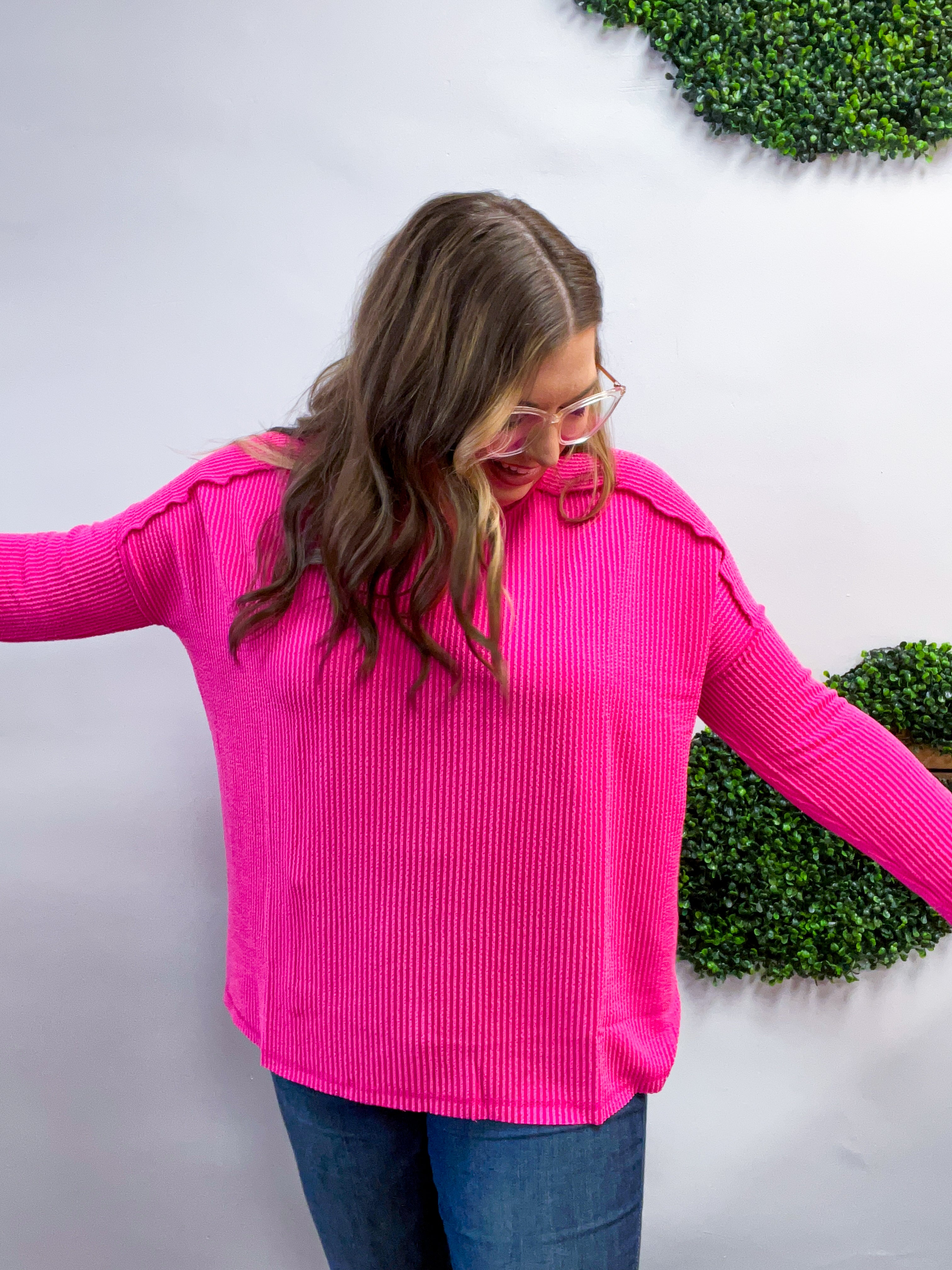The Textured Take Raised Rib Long Sleeve Top in Hot Pink