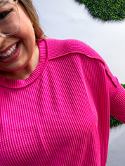 The Textured Take Raised Rib Long Sleeve Top in Hot Pink