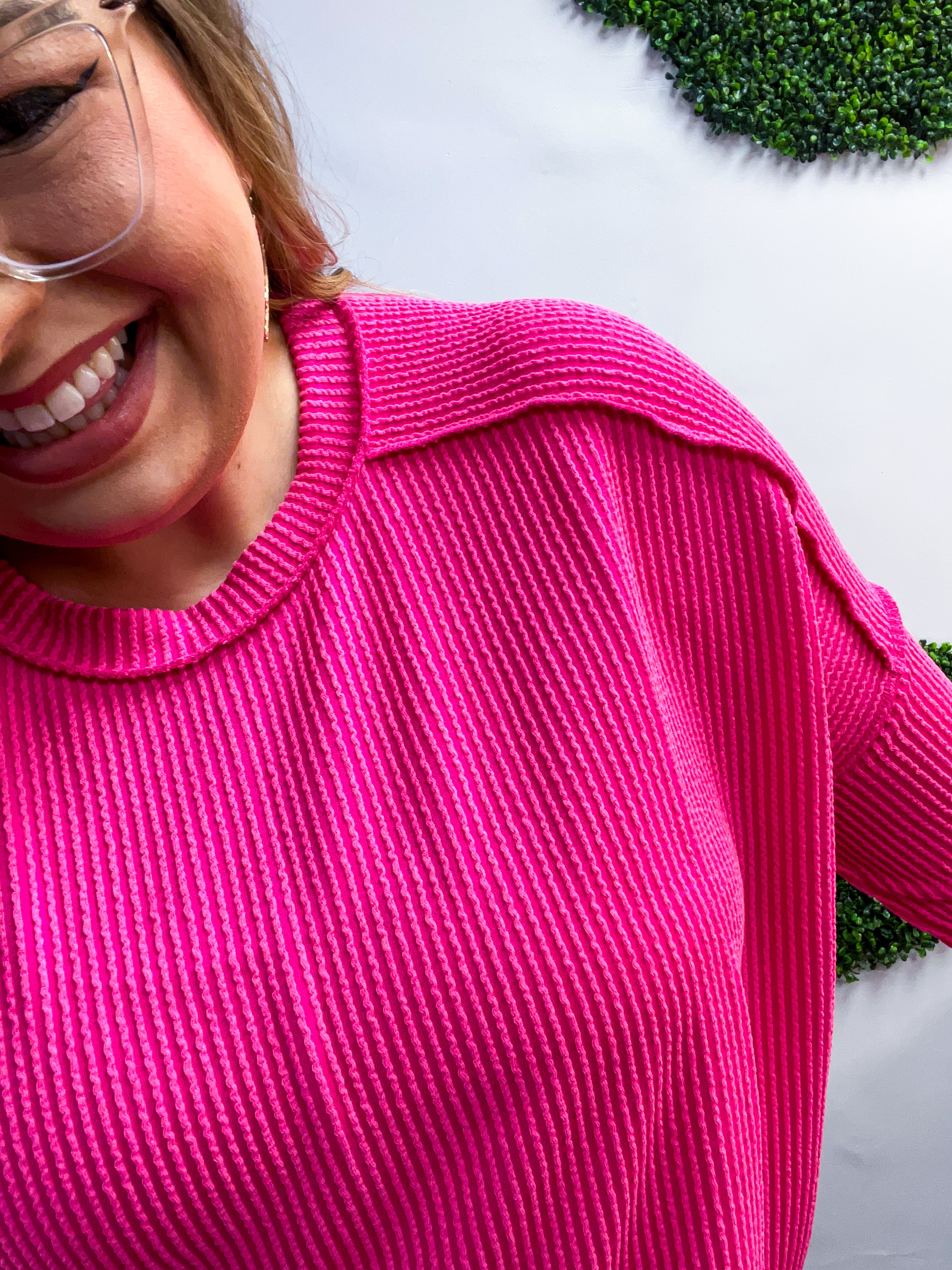 The Textured Take Raised Rib Long Sleeve Top in Hot Pink