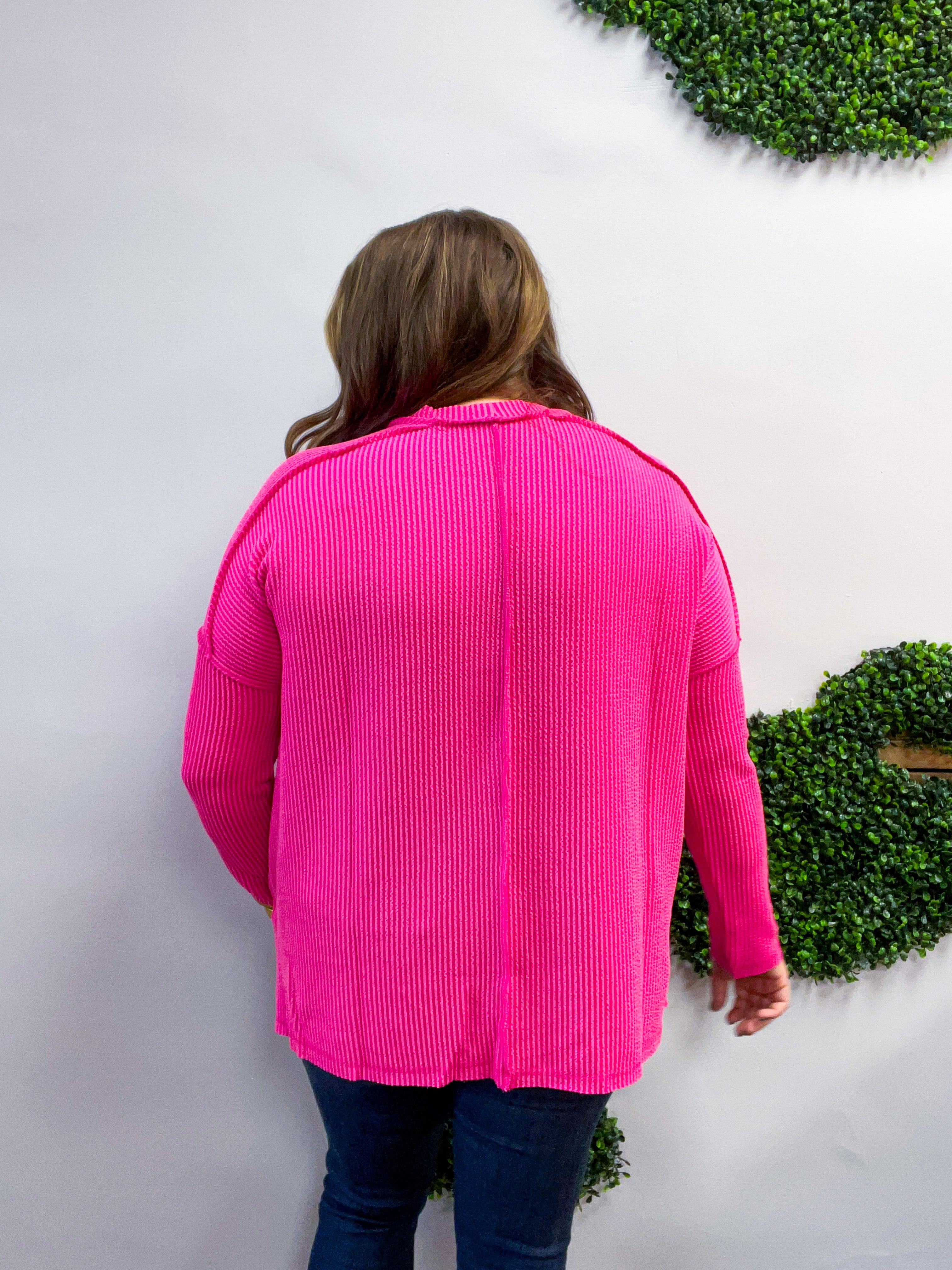 The Textured Take Raised Rib Long Sleeve Top in Hot Pink