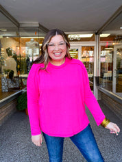 The Textured Take Raised Rib Long Sleeve Top in Hot Pink