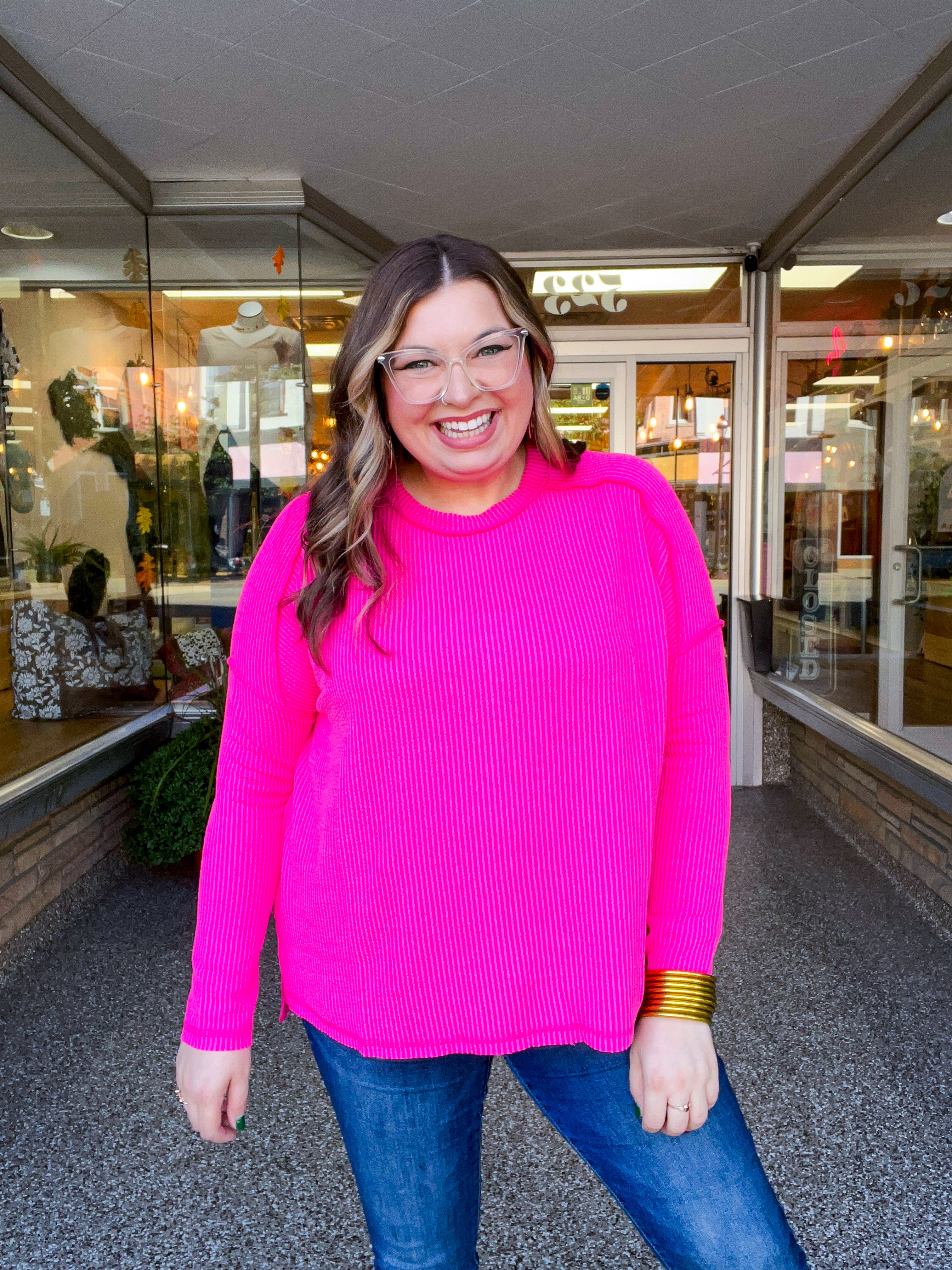 The Textured Take Raised Rib Long Sleeve Top in Hot Pink