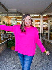The Textured Take Raised Rib Long Sleeve Top in Hot Pink