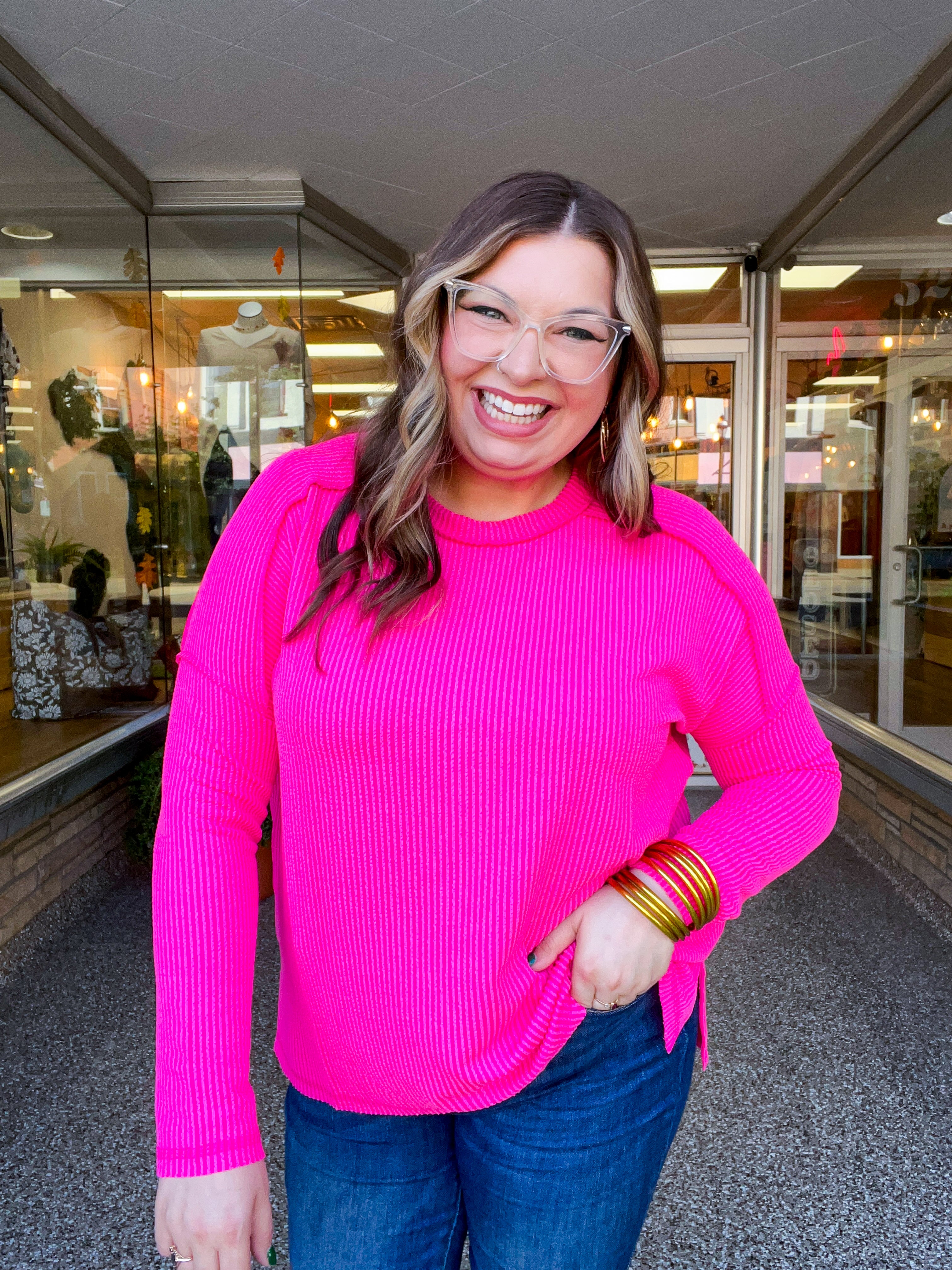 The Textured Take Raised Rib Long Sleeve Top in Hot Pink