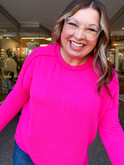 The Textured Take Raised Rib Long Sleeve Top in Hot Pink