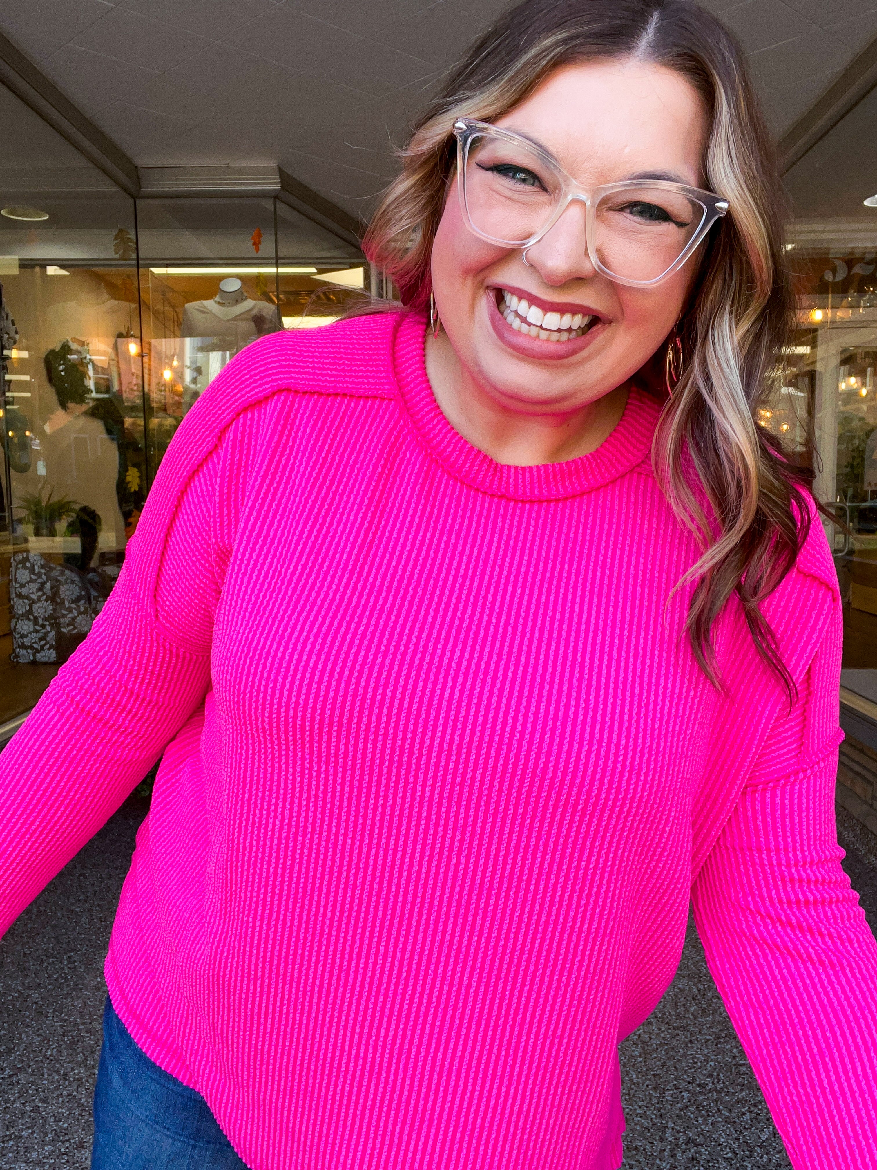 The Textured Take Raised Rib Long Sleeve Top in Hot Pink