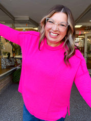 The Textured Take Raised Rib Long Sleeve Top in Hot Pink