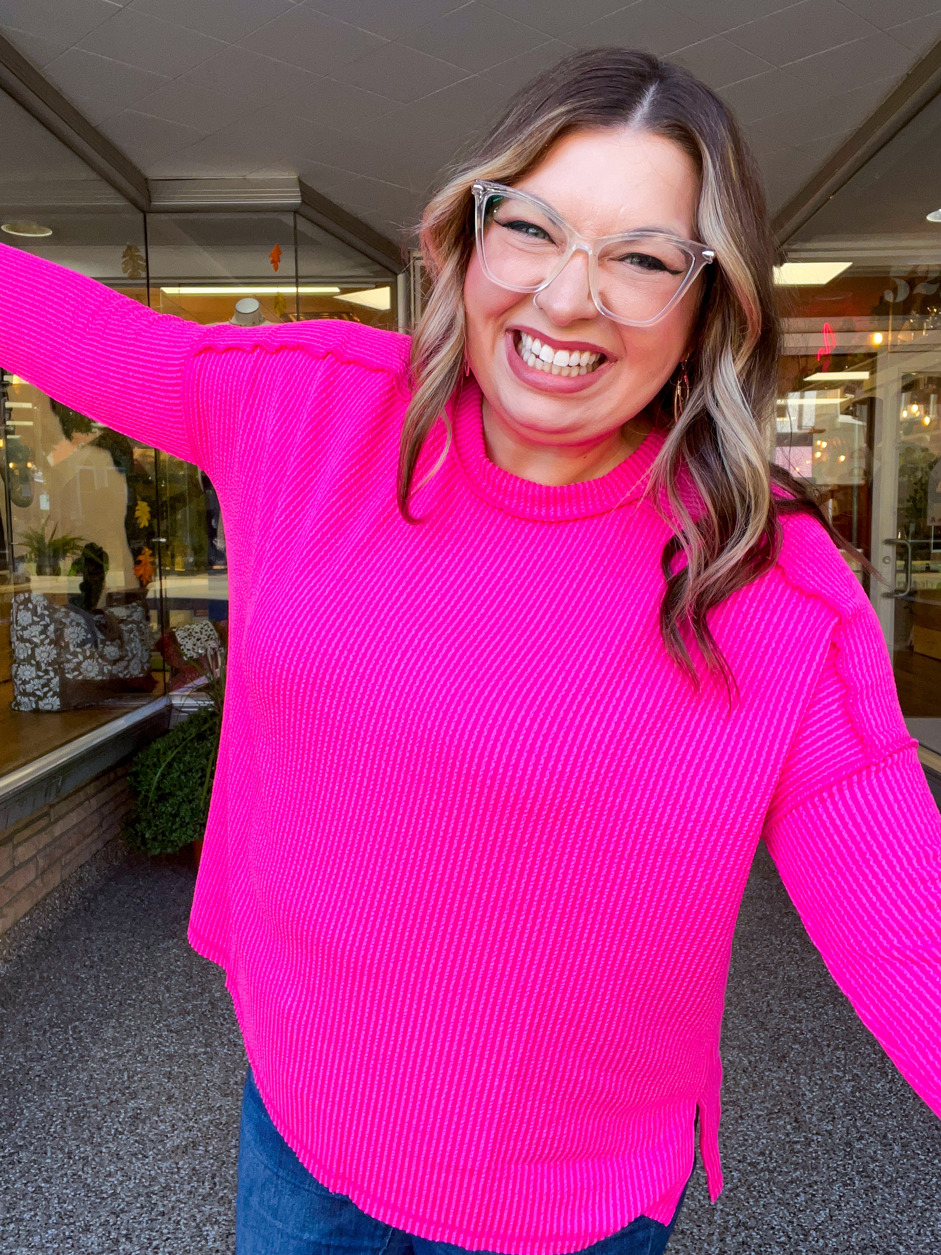 The Textured Take Raised Rib Long Sleeve Top in Hot Pink
