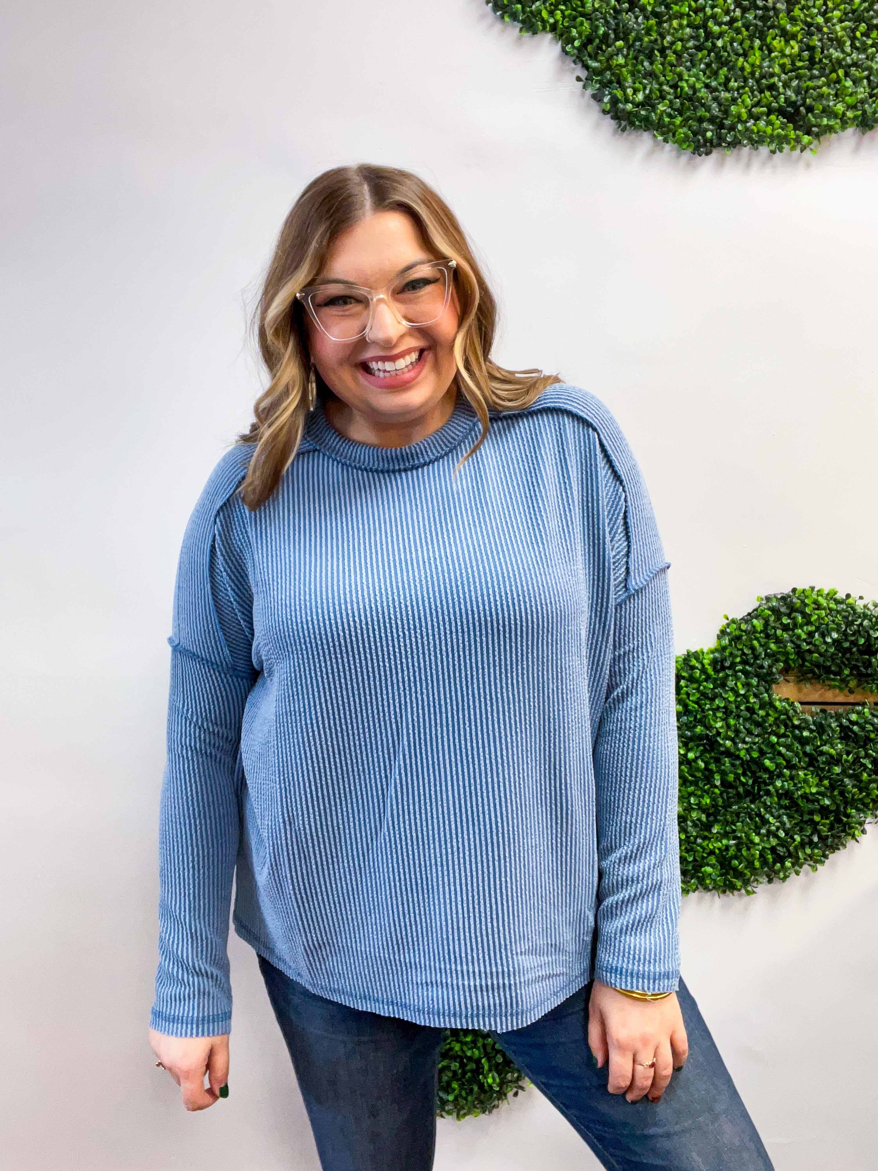 The Textured Take Raised Rib Long Sleeve Top in Dusty Blue