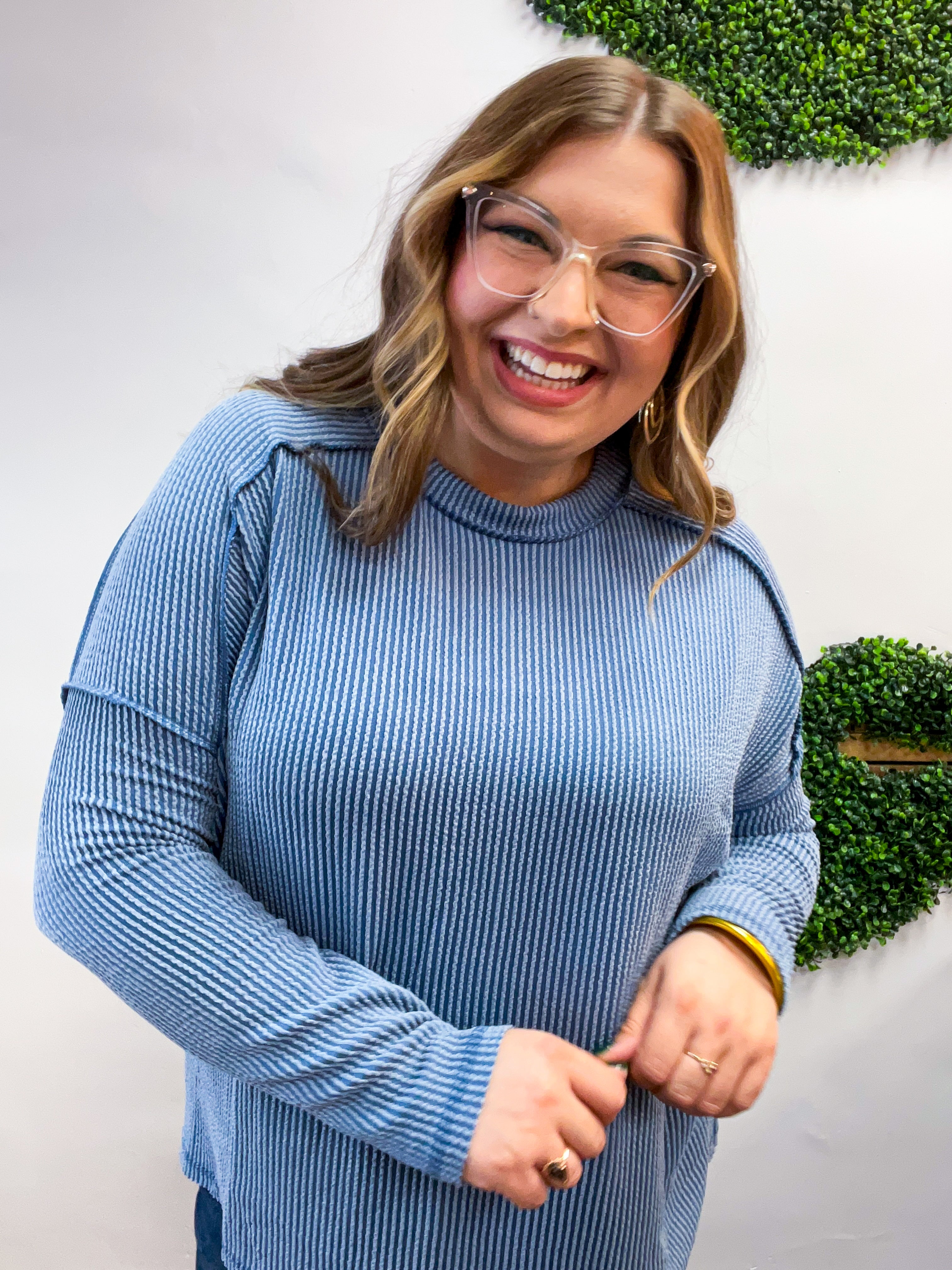 The Textured Take Raised Rib Long Sleeve Top in Dusty Blue