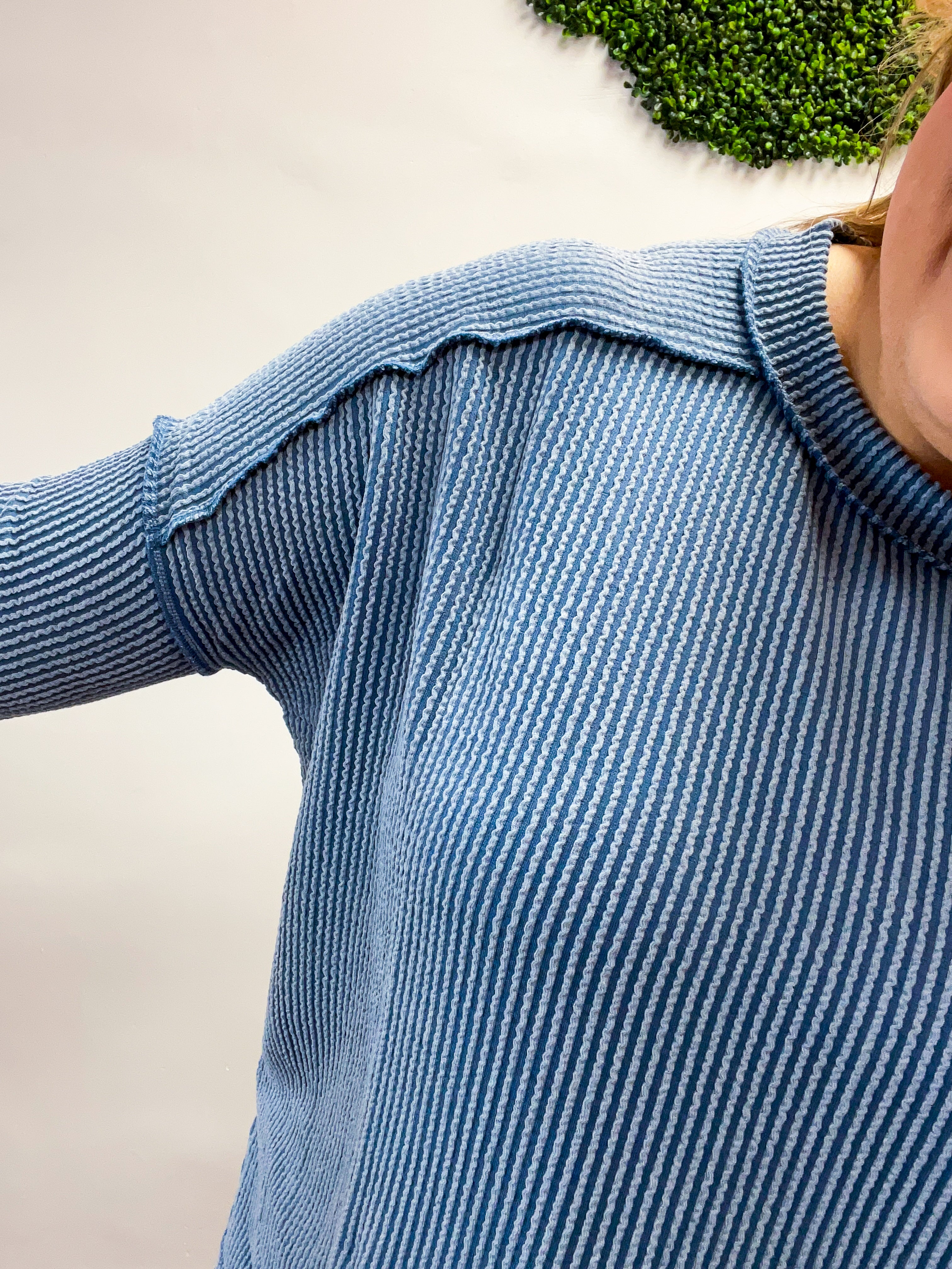 The Textured Take Raised Rib Long Sleeve Top in Dusty Blue