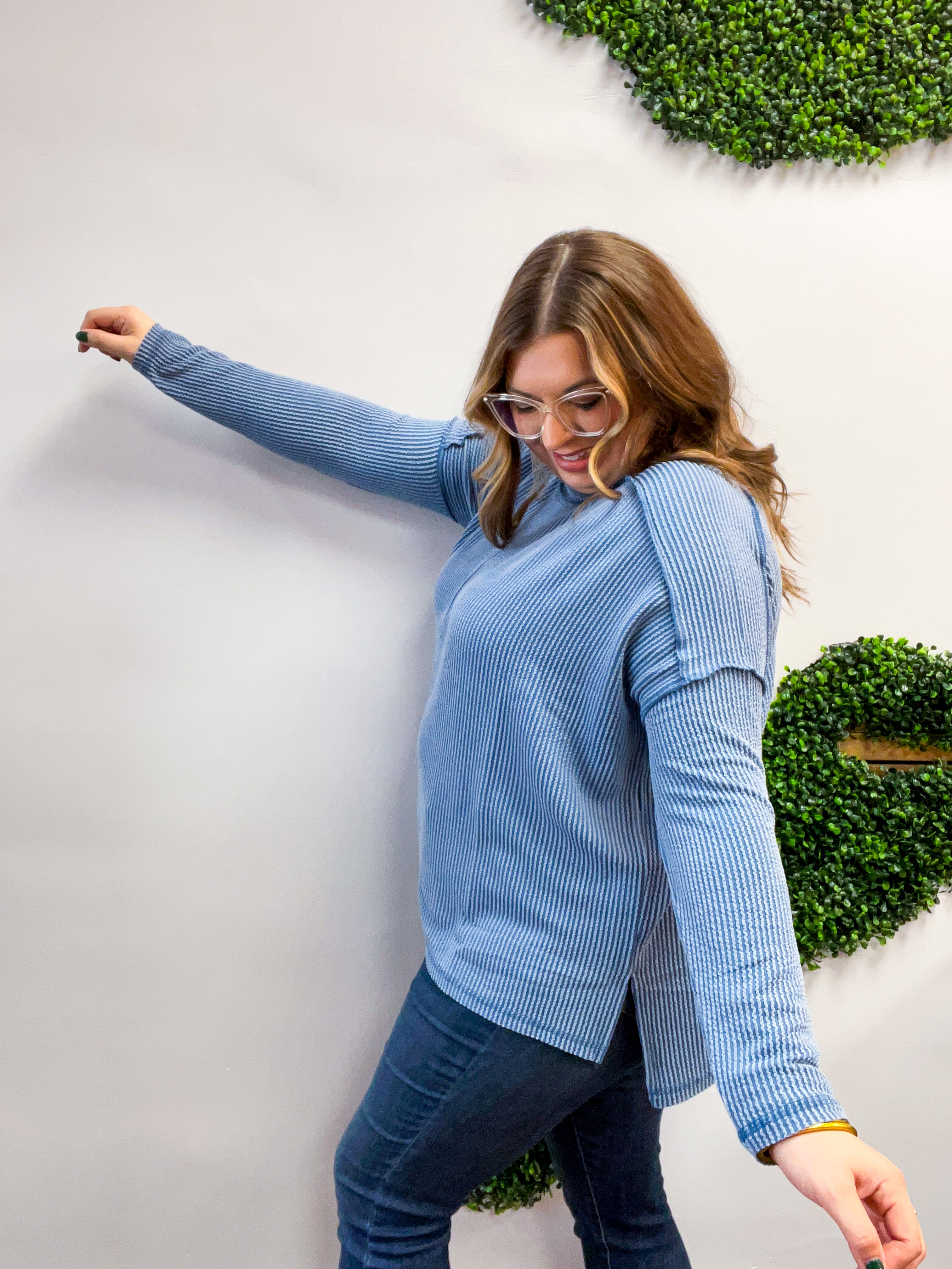 The Textured Take Raised Rib Long Sleeve Top in Dusty Blue