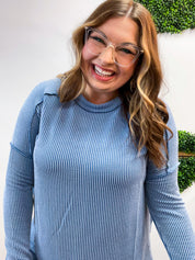 The Textured Take Raised Rib Long Sleeve Top in Dusty Blue