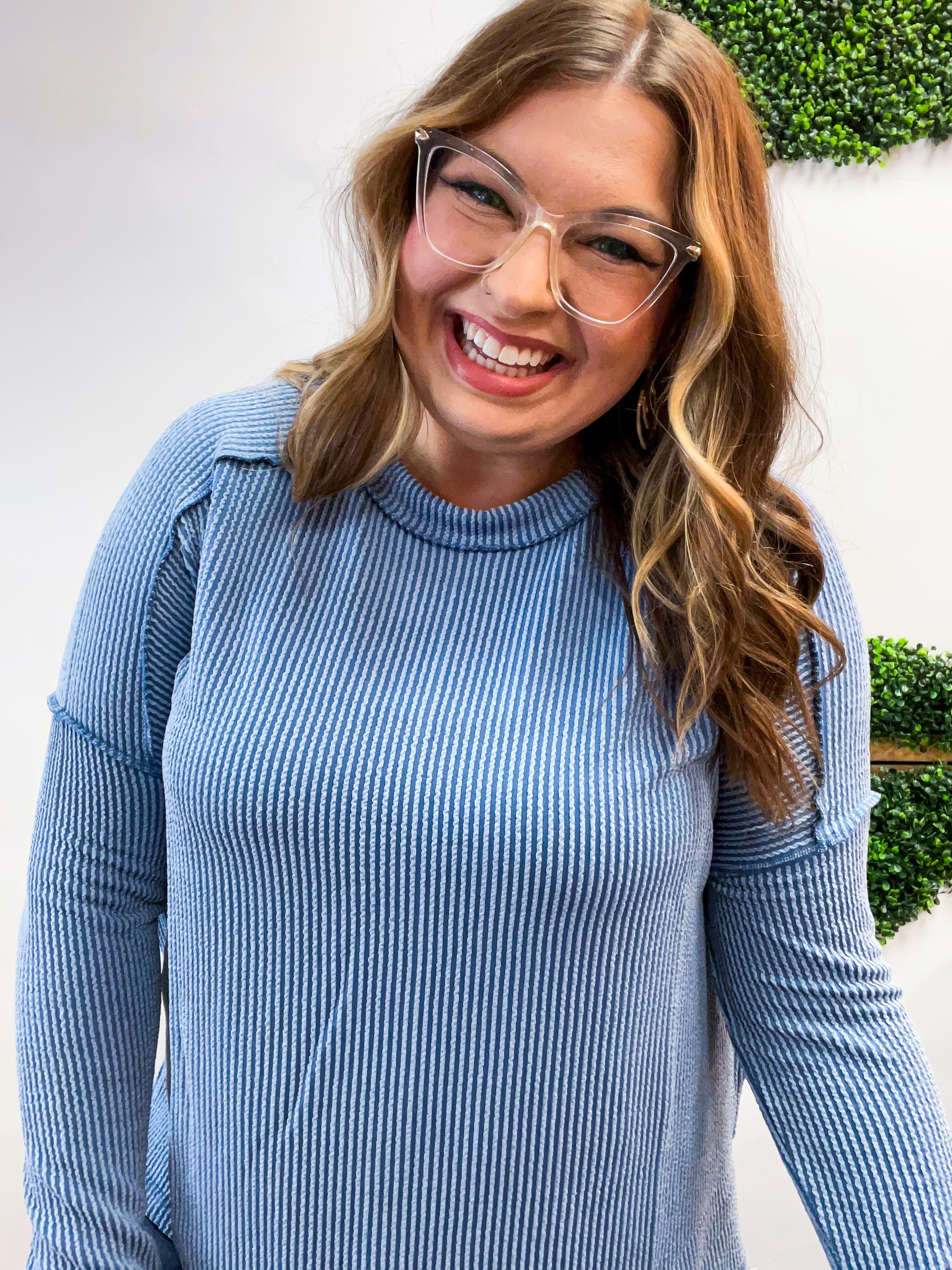 The Textured Take Raised Rib Long Sleeve Top in Dusty Blue