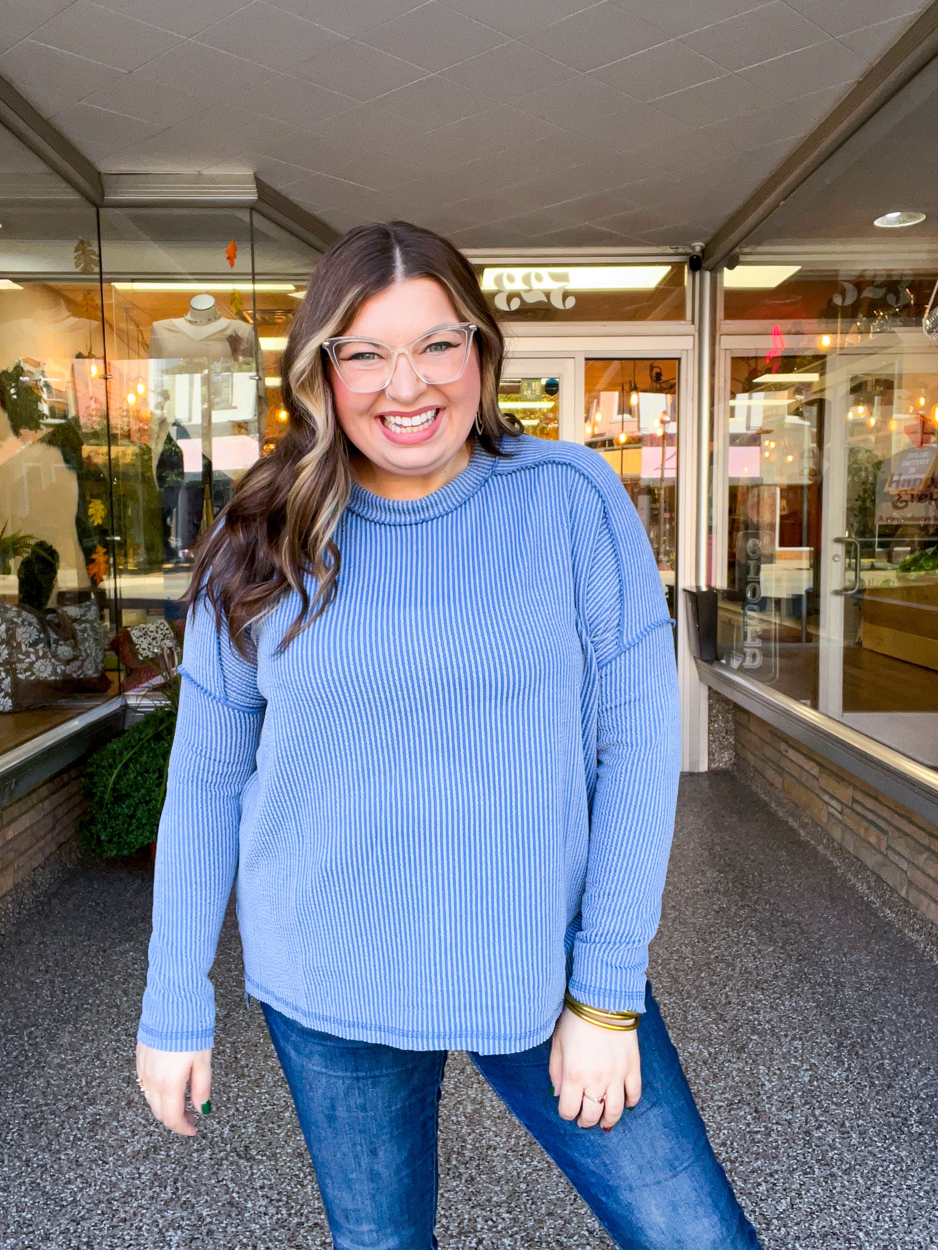The Textured Take Raised Rib Long Sleeve Top in Dusty Blue