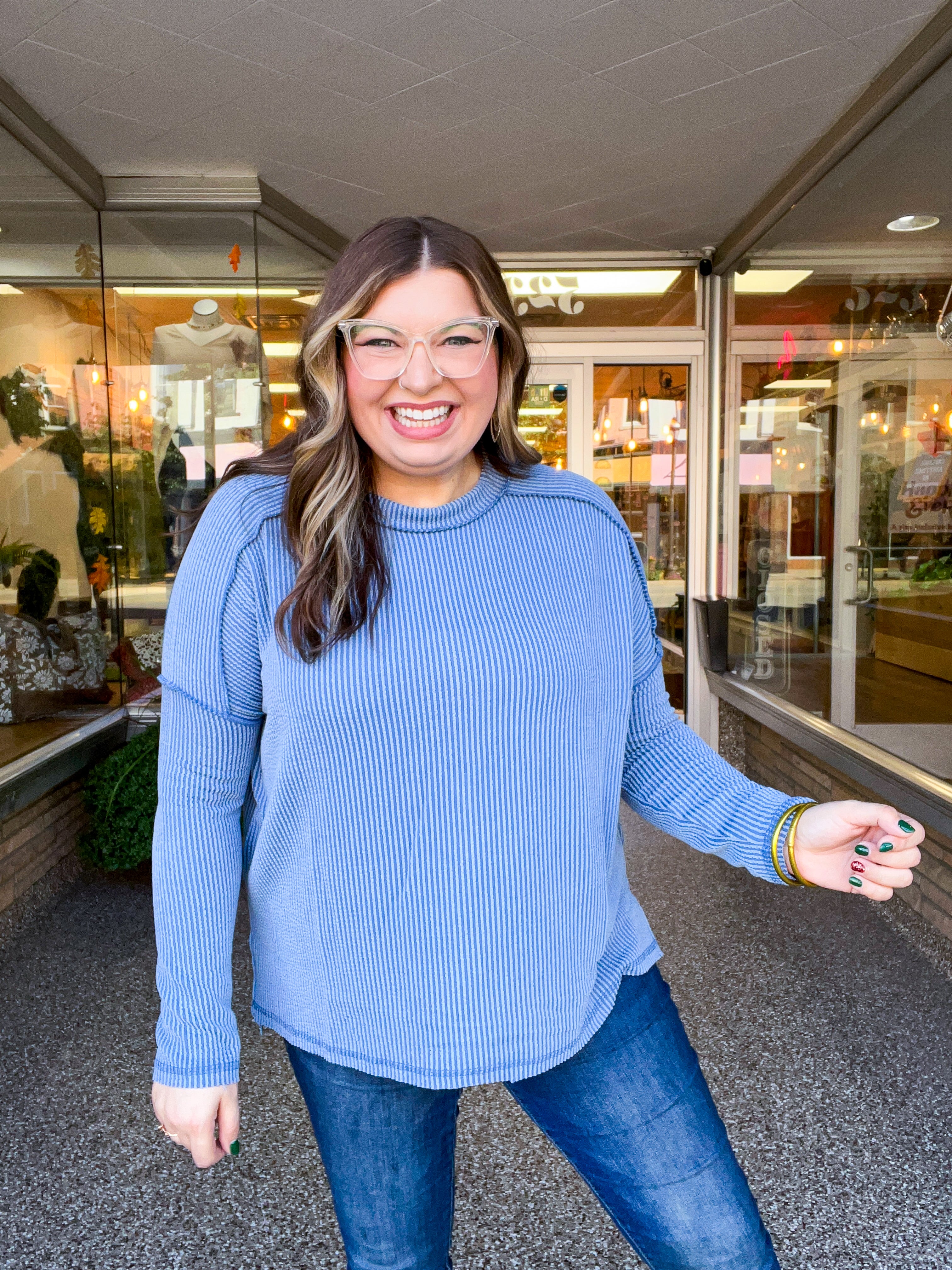 The Textured Take Raised Rib Long Sleeve Top in Dusty Blue