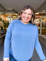 The Textured Take Raised Rib Long Sleeve Top in Dusty Blue