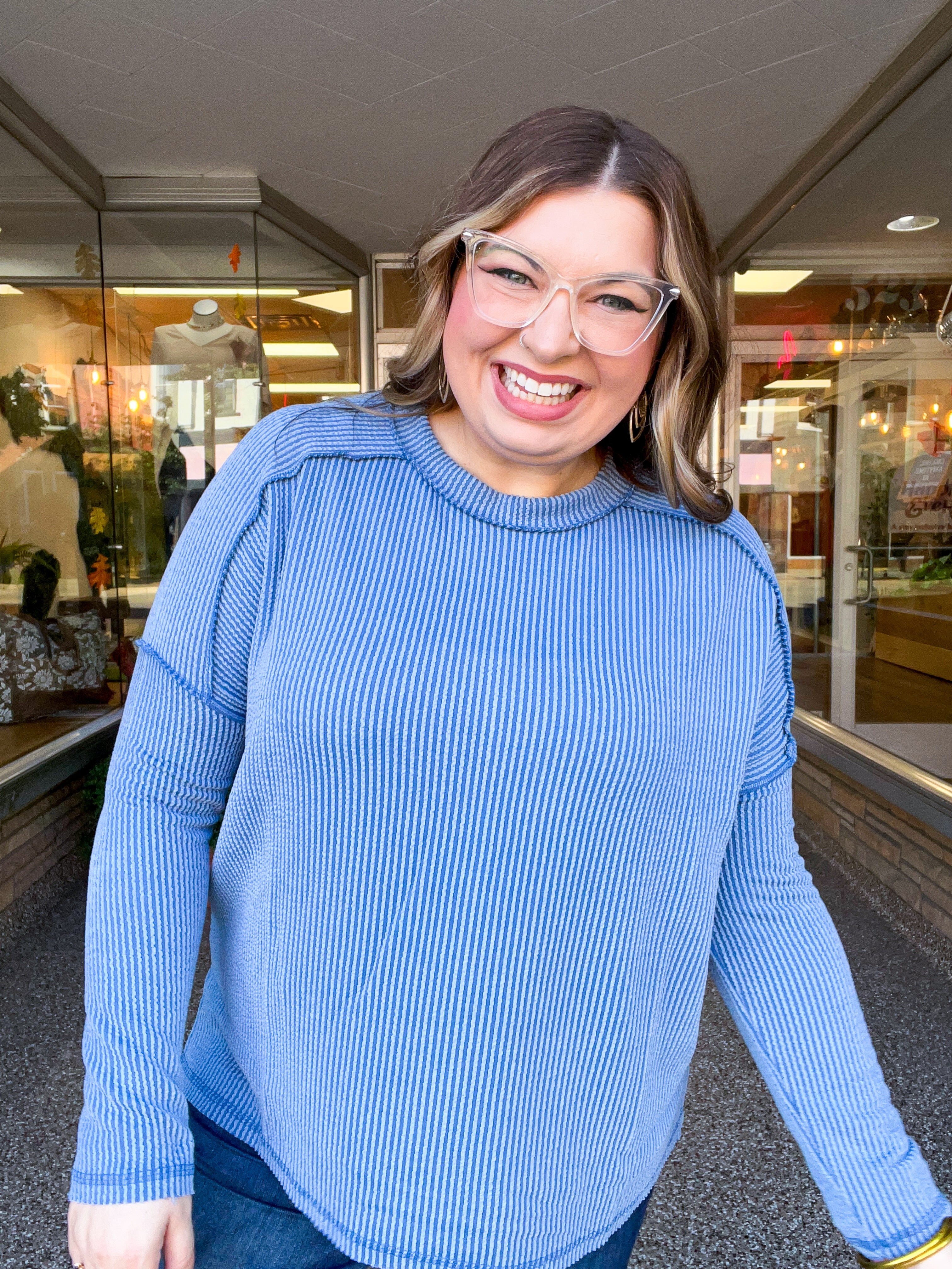 The Textured Take Raised Rib Long Sleeve Top in Dusty Blue