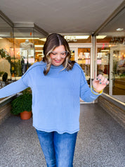 The Textured Take Raised Rib Long Sleeve Top in Dusty Blue