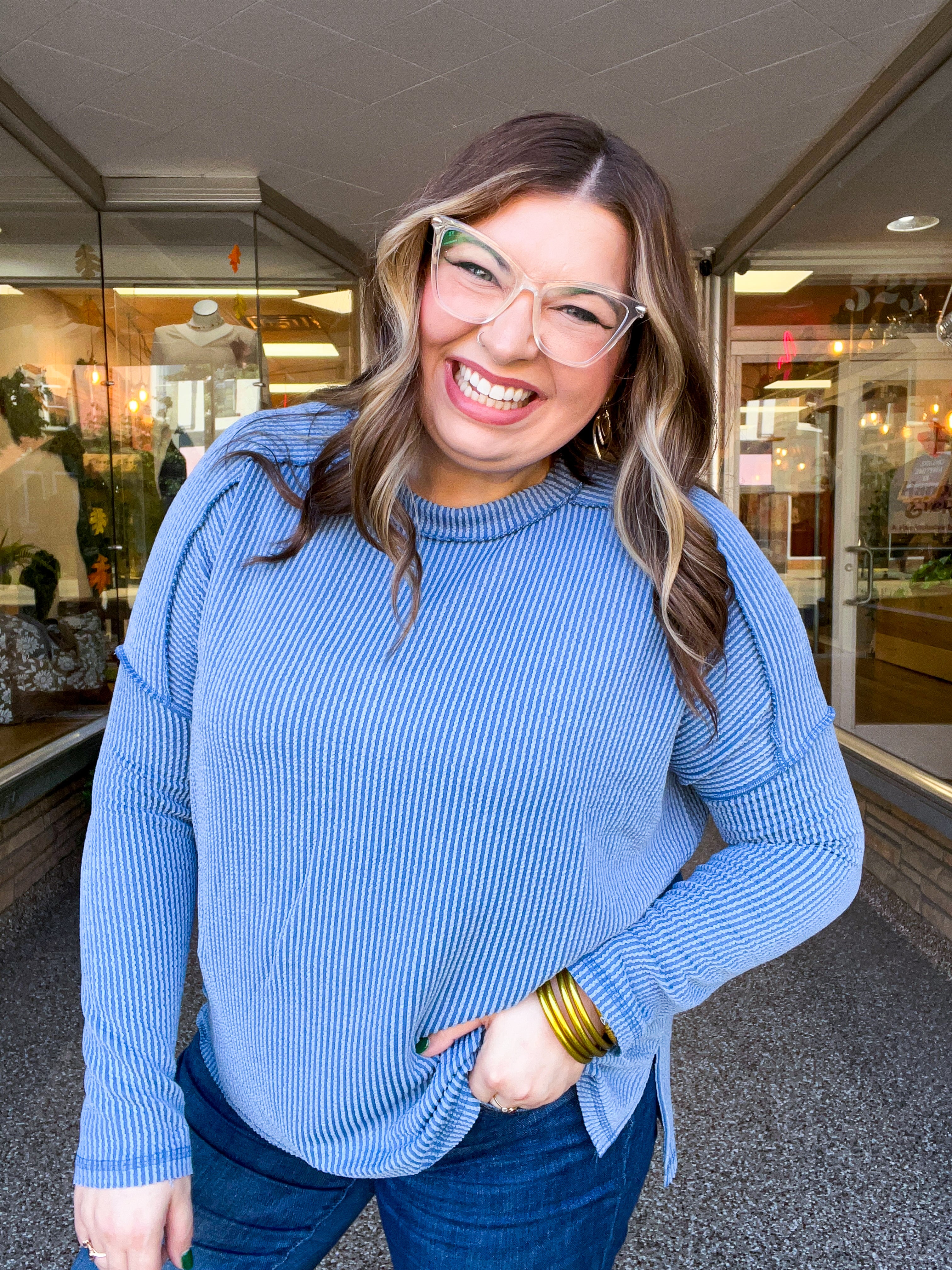 The Textured Take Raised Rib Long Sleeve Top in Dusty Blue