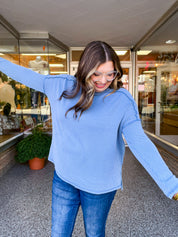 The Textured Take Raised Rib Long Sleeve Top in Dusty Blue