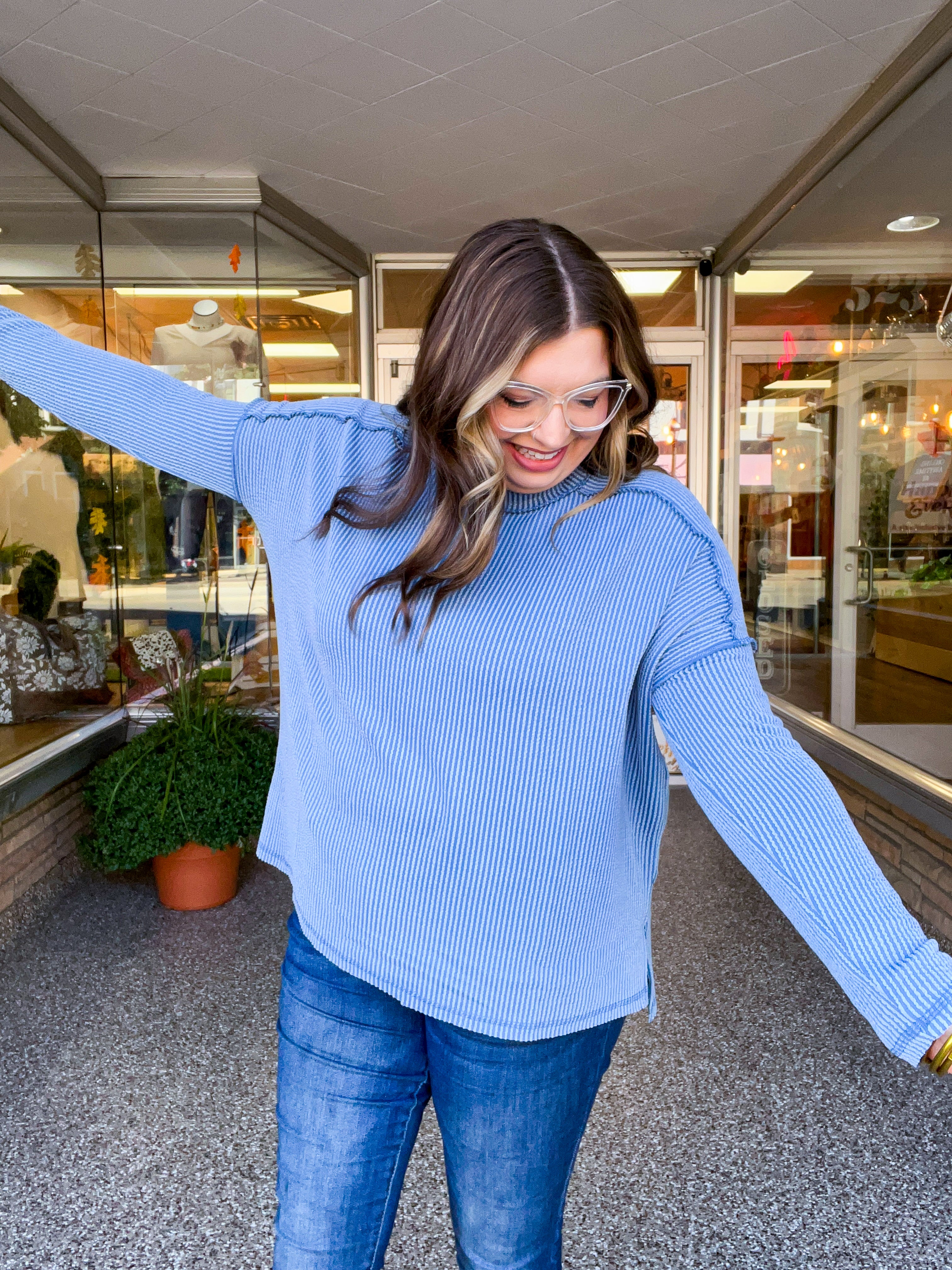 The Textured Take Raised Rib Long Sleeve Top in Dusty Blue