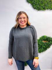 The Textured Take Raised Rib Long Sleeve Top in Charcoal