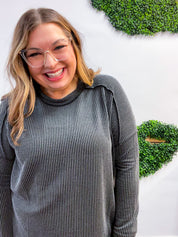 The Textured Take Raised Rib Long Sleeve Top in Charcoal